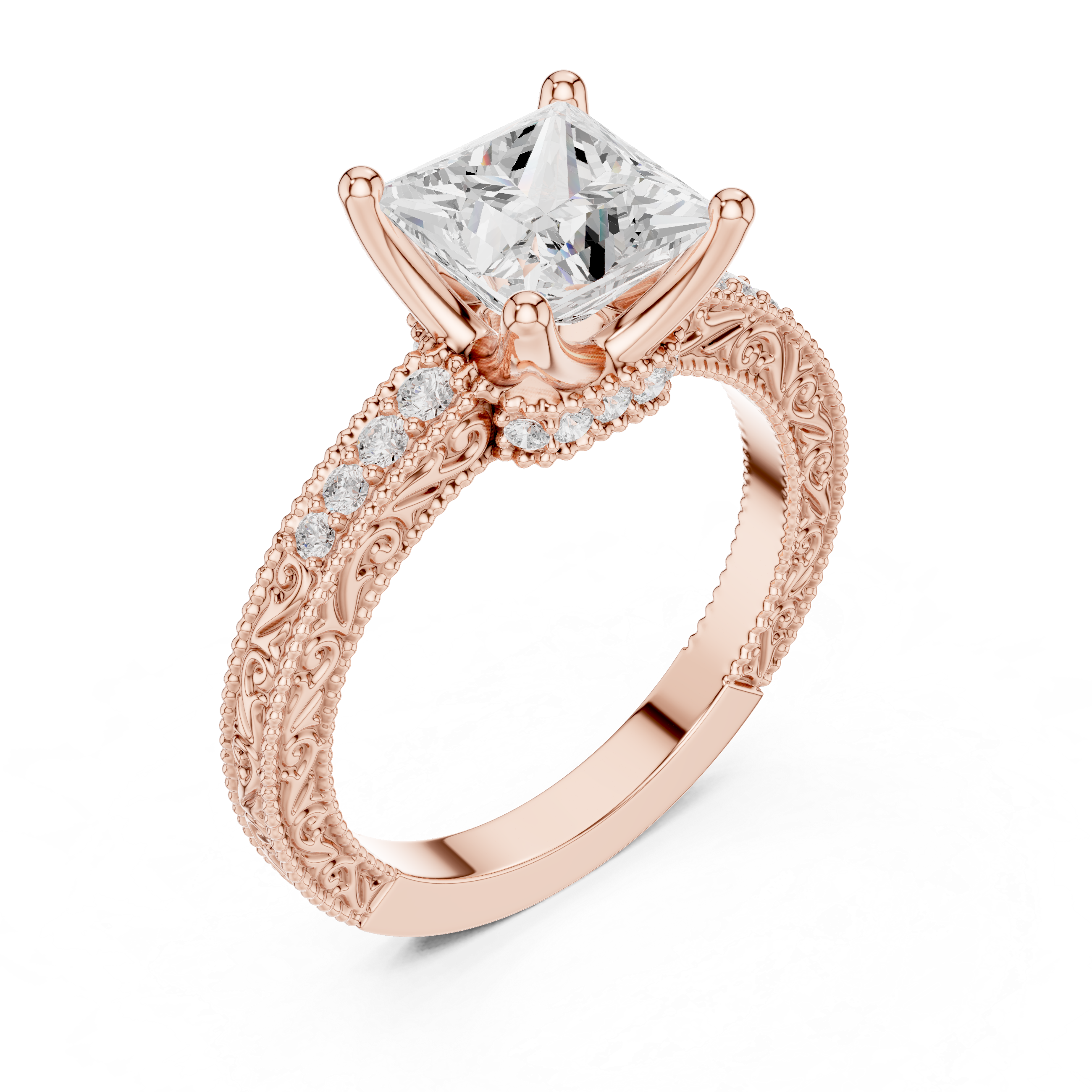 Vintage Milgrain Princess Cut Engagement Ring with Pavé Diamond Accents