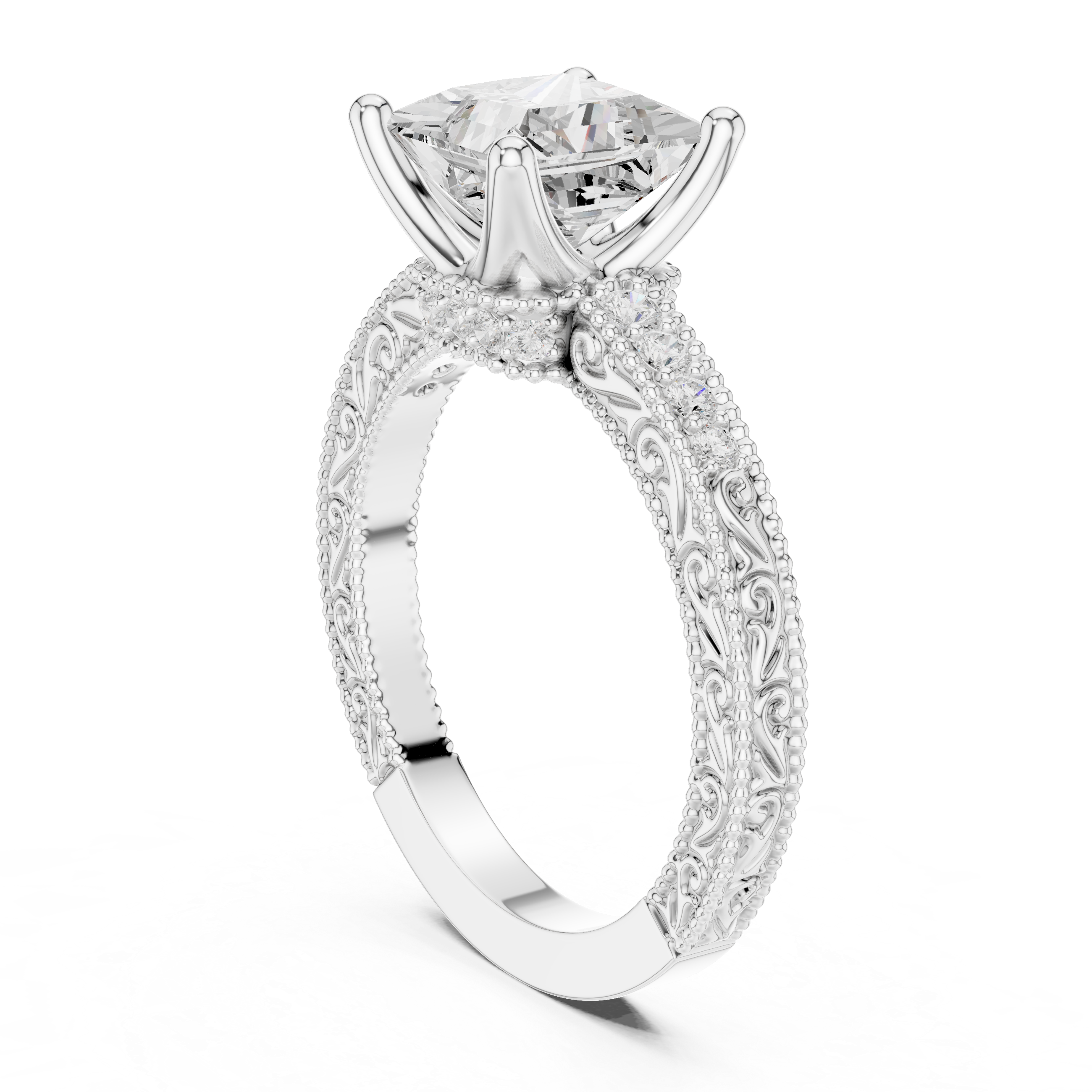Vintage Milgrain Princess Cut Engagement Ring with Pavé Diamond Accents