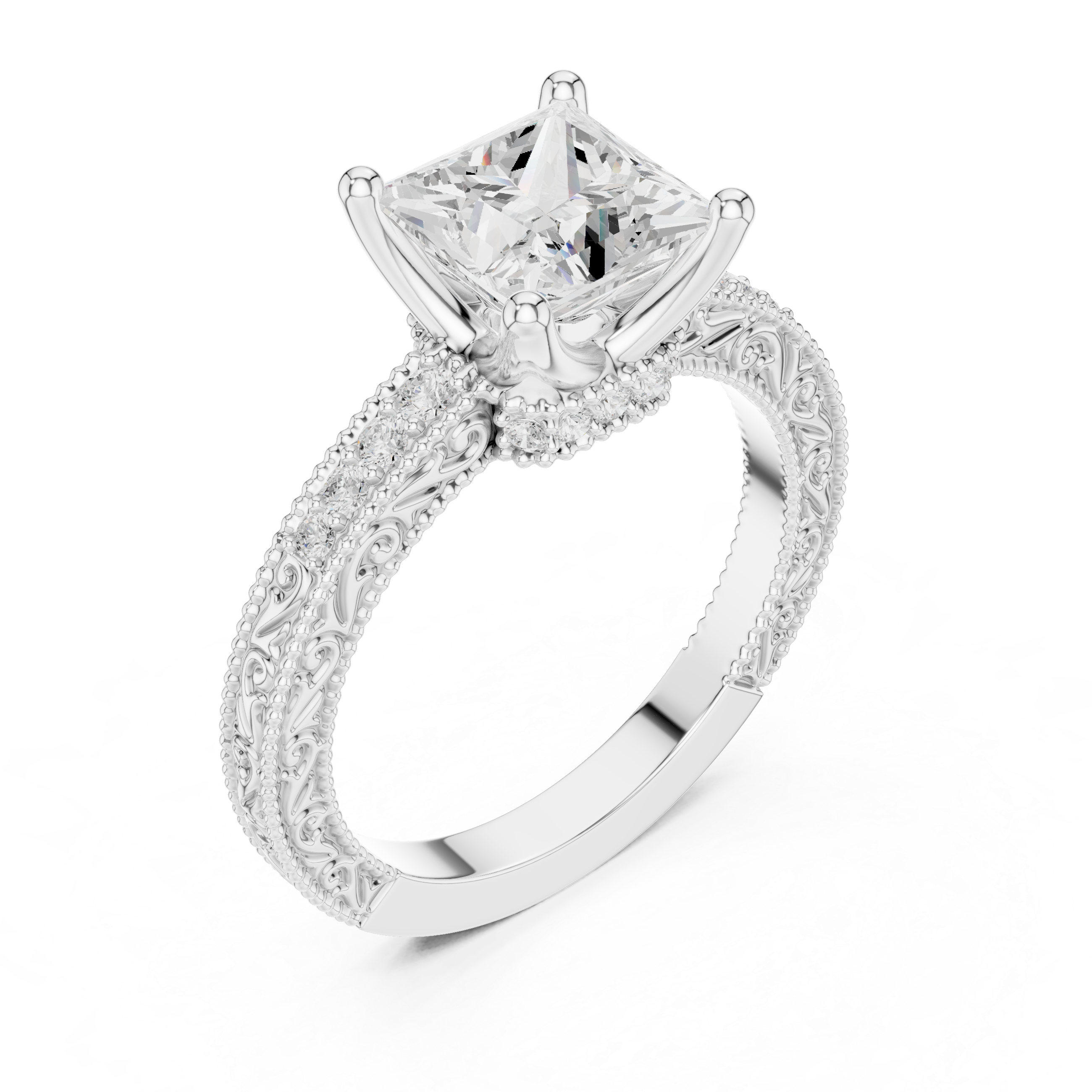 Vintage Milgrain Princess Cut Engagement Ring with Pavé Diamond Accents