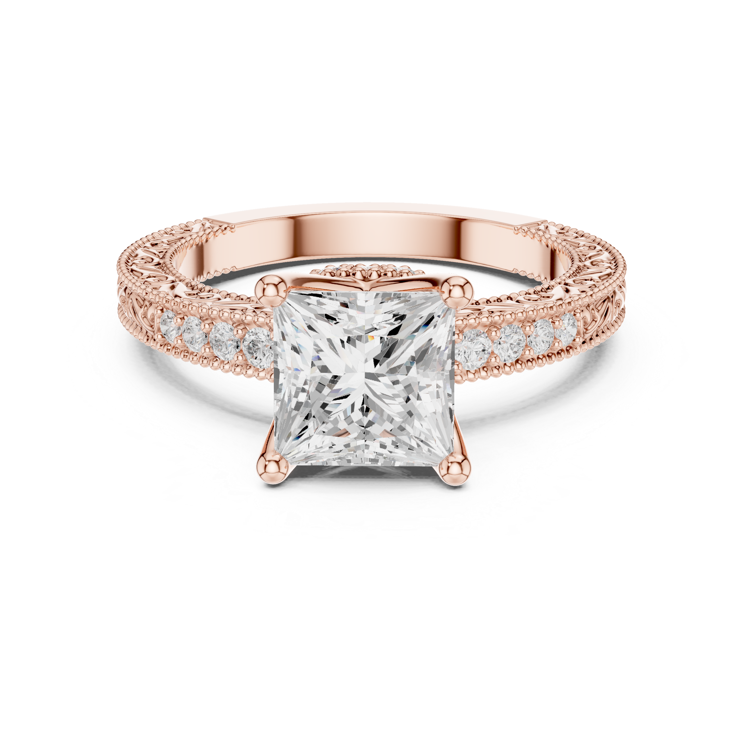 Vintage Milgrain Princess Cut Engagement Ring with Pavé Diamond Accents
