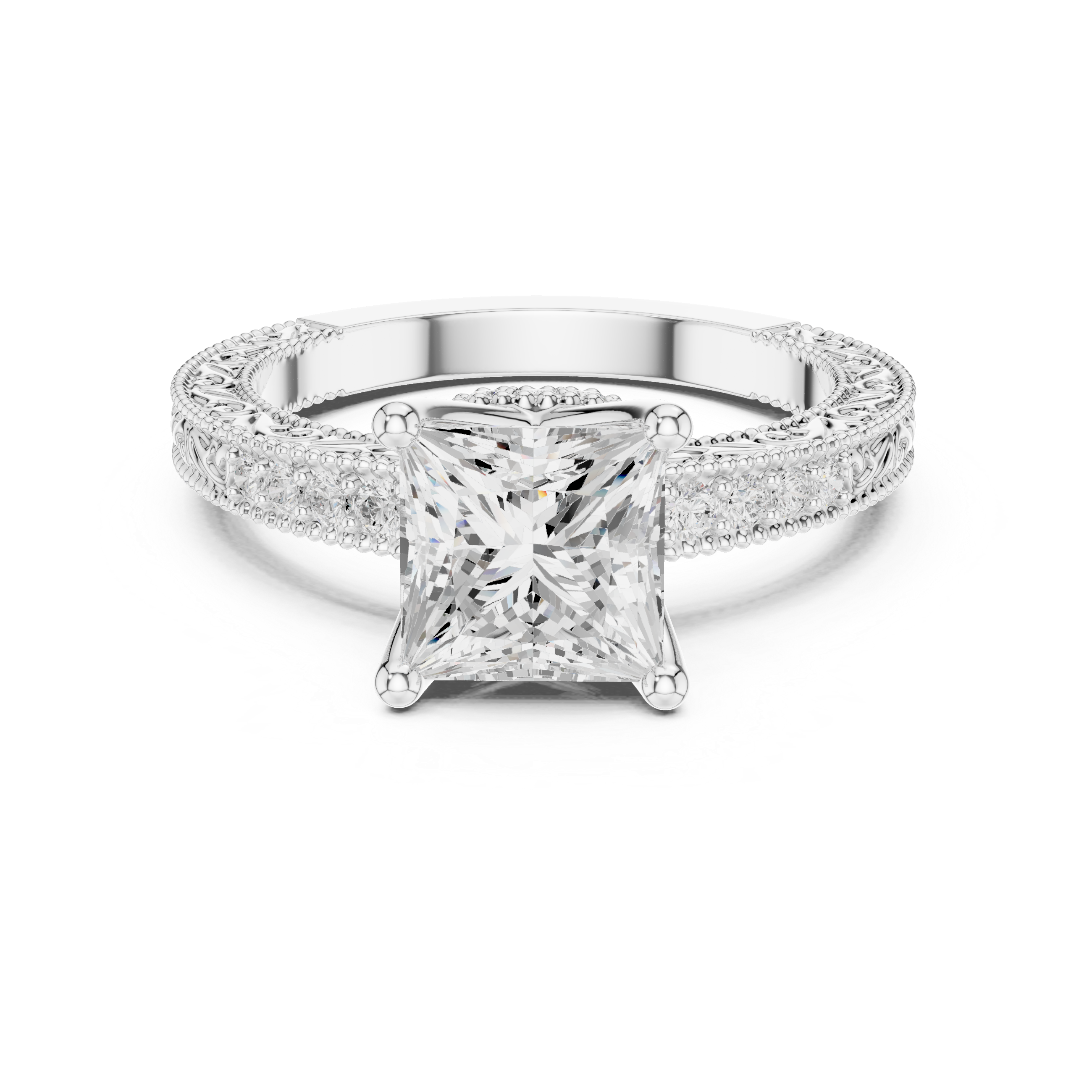 Vintage Milgrain Princess Cut Engagement Ring with Pavé Diamond Accents
