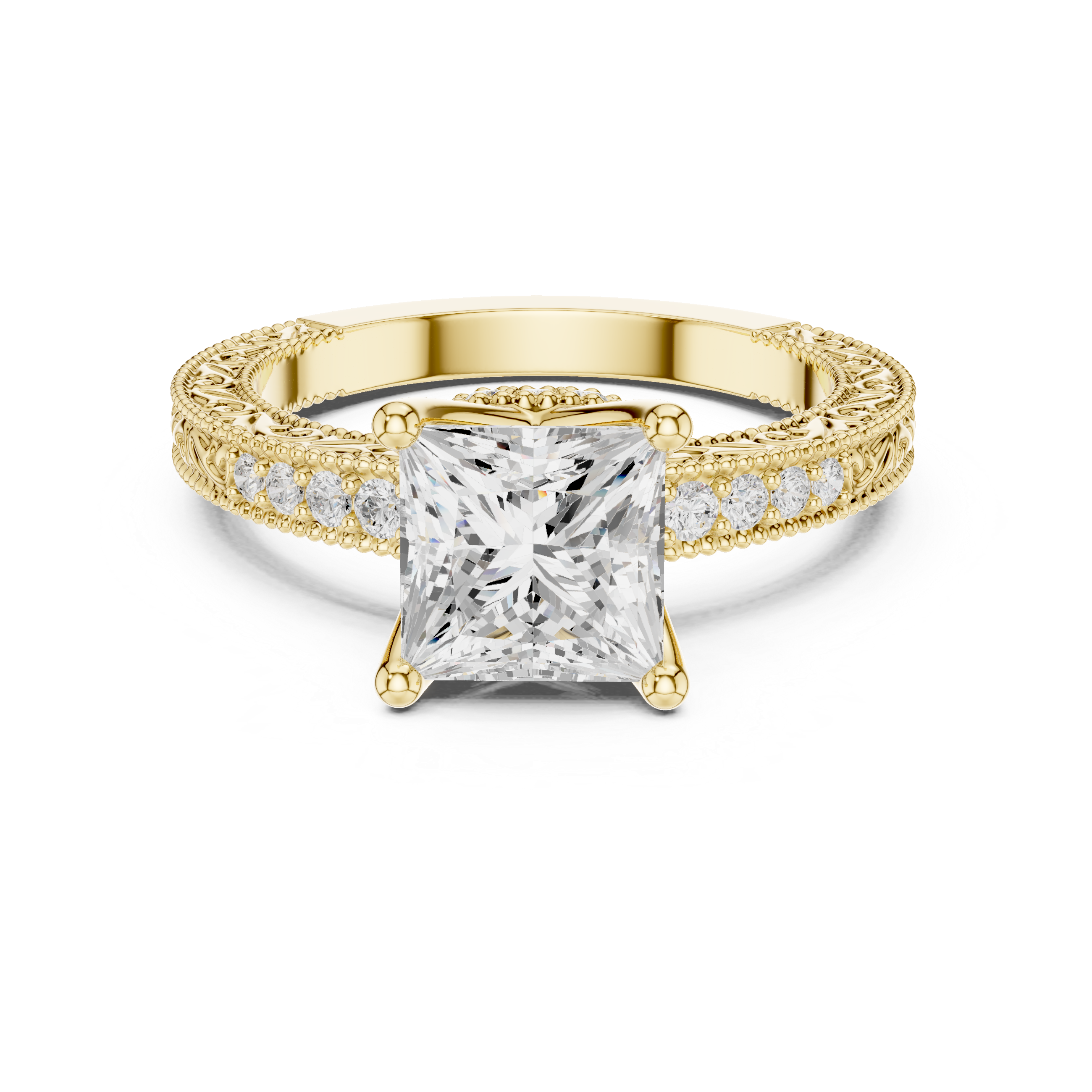 Vintage Milgrain Princess Cut Engagement Ring with Pavé Diamond Accents