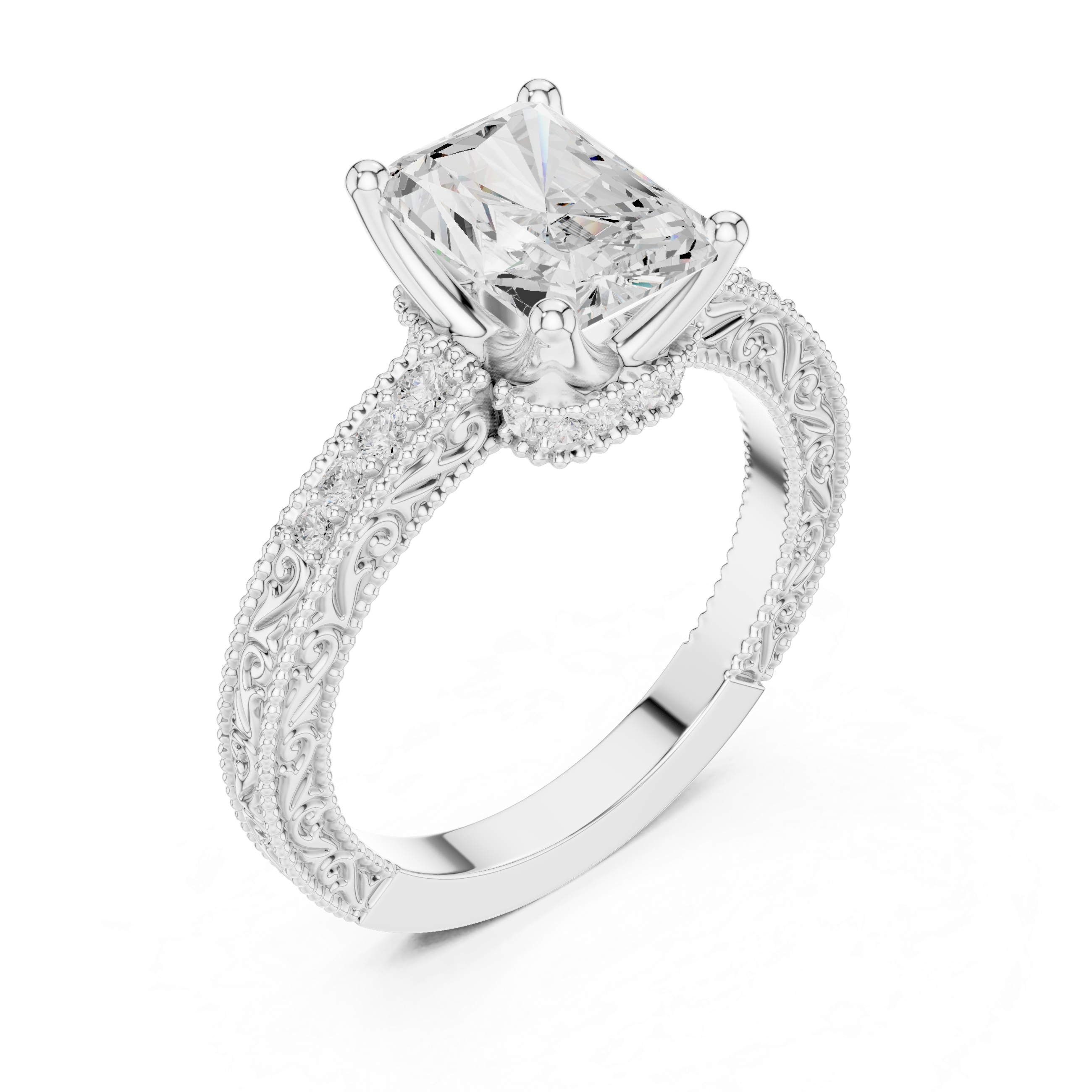 Vintage Milgrain Radiant Cut Engagement Ring with Pavé Diamond Accents
