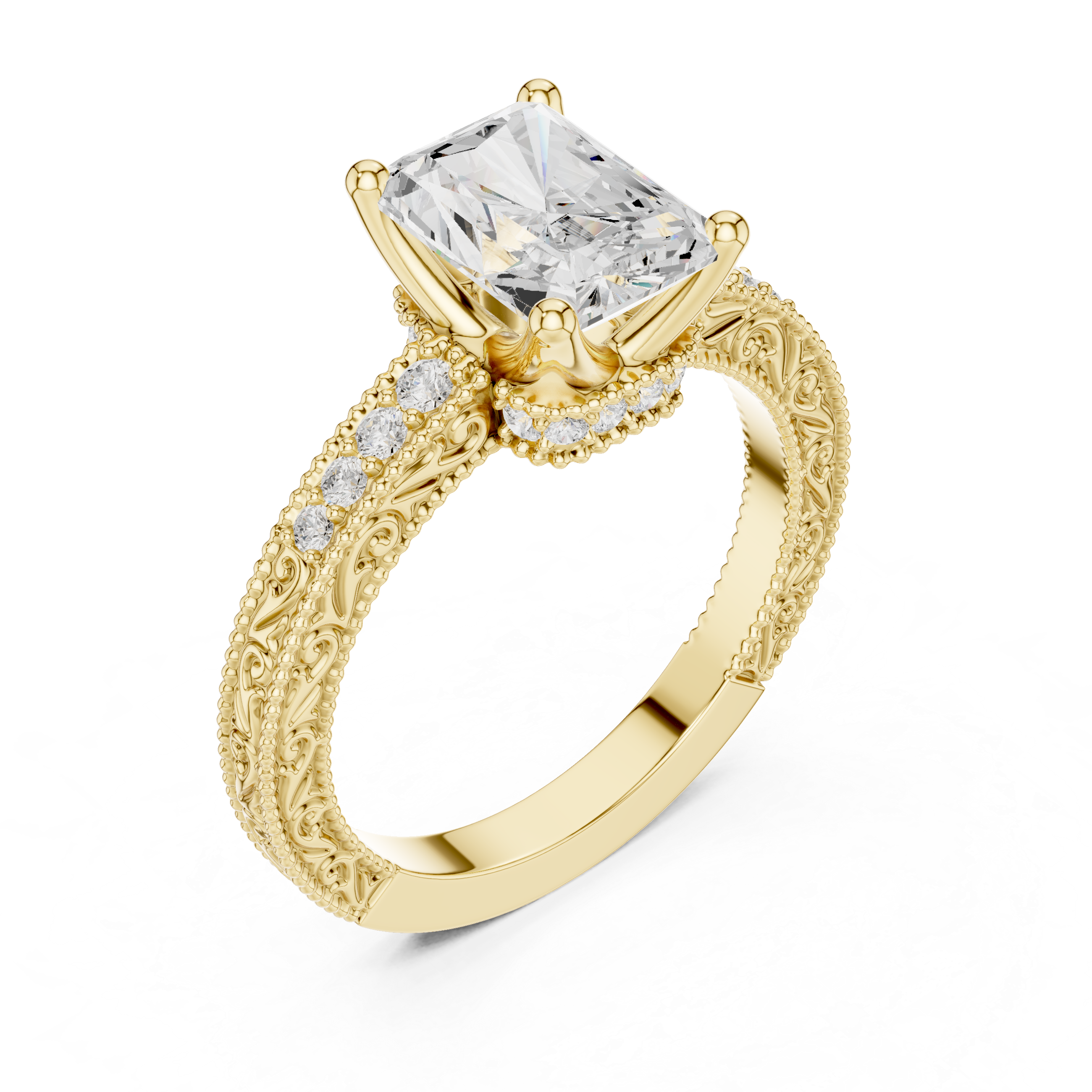Vintage Milgrain Radiant Cut Engagement Ring with Pavé Diamond Accents