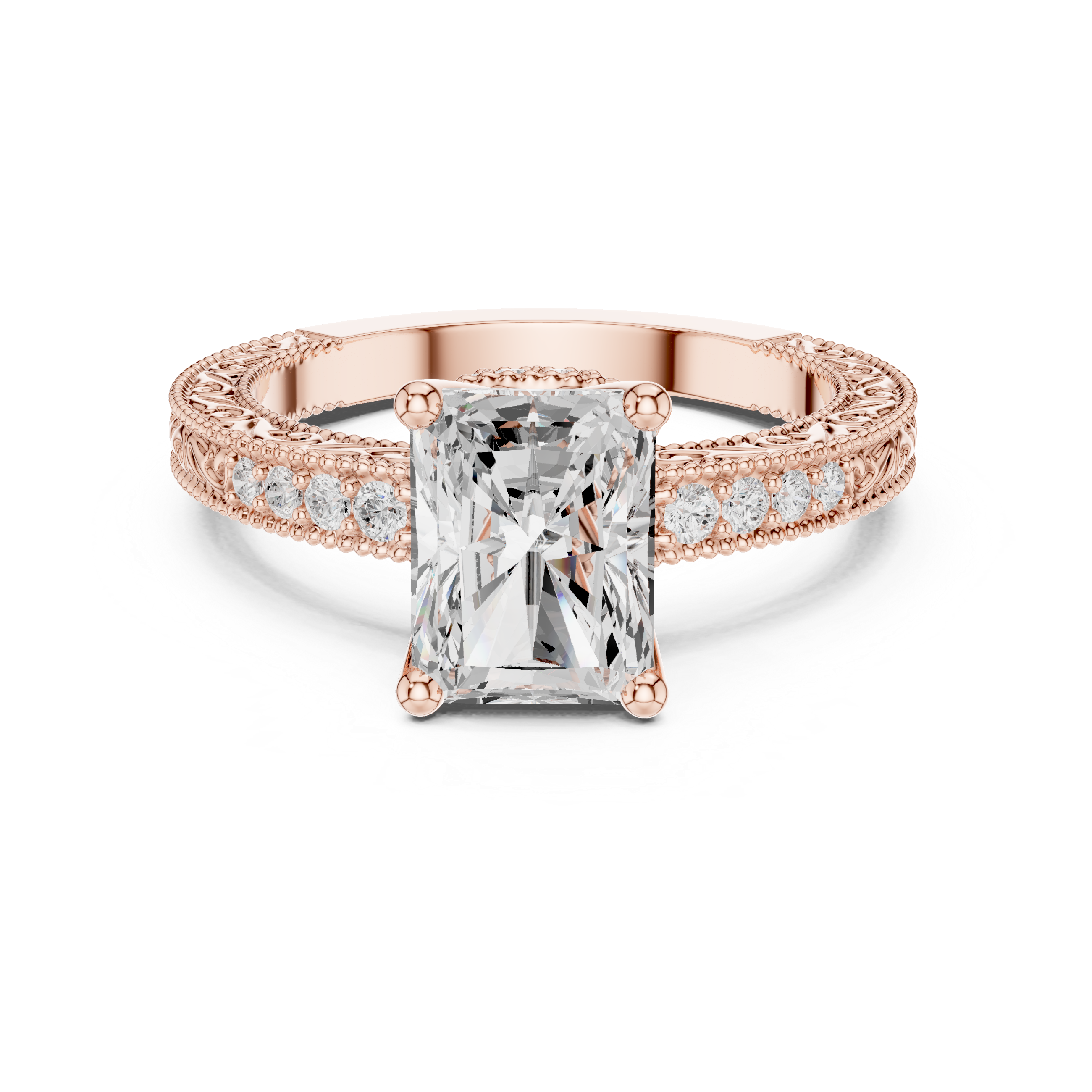 Vintage Milgrain Radiant Cut Engagement Ring with Pavé Diamond Accents