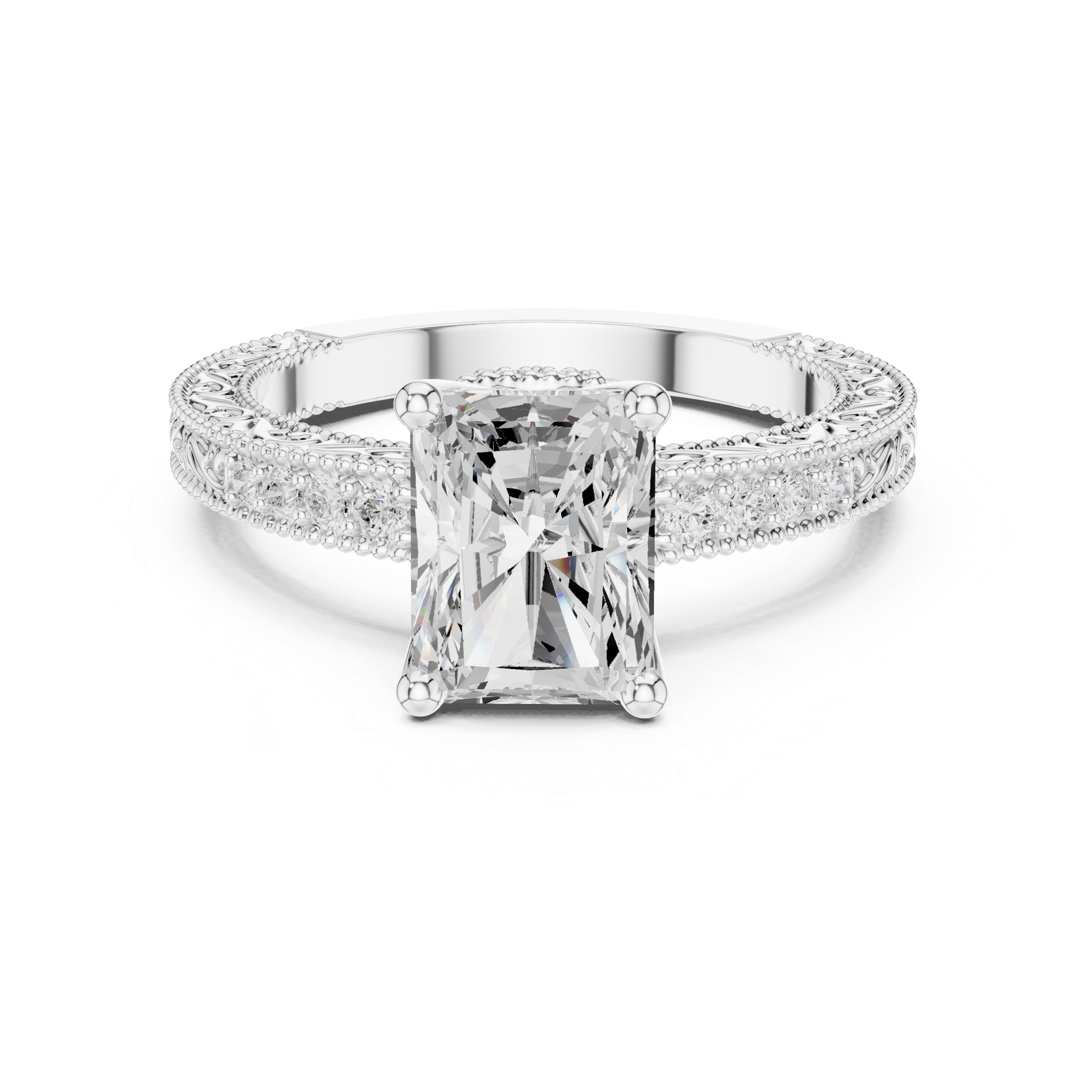 Vintage Milgrain Radiant Cut Engagement Ring with Pavé Diamond Accents