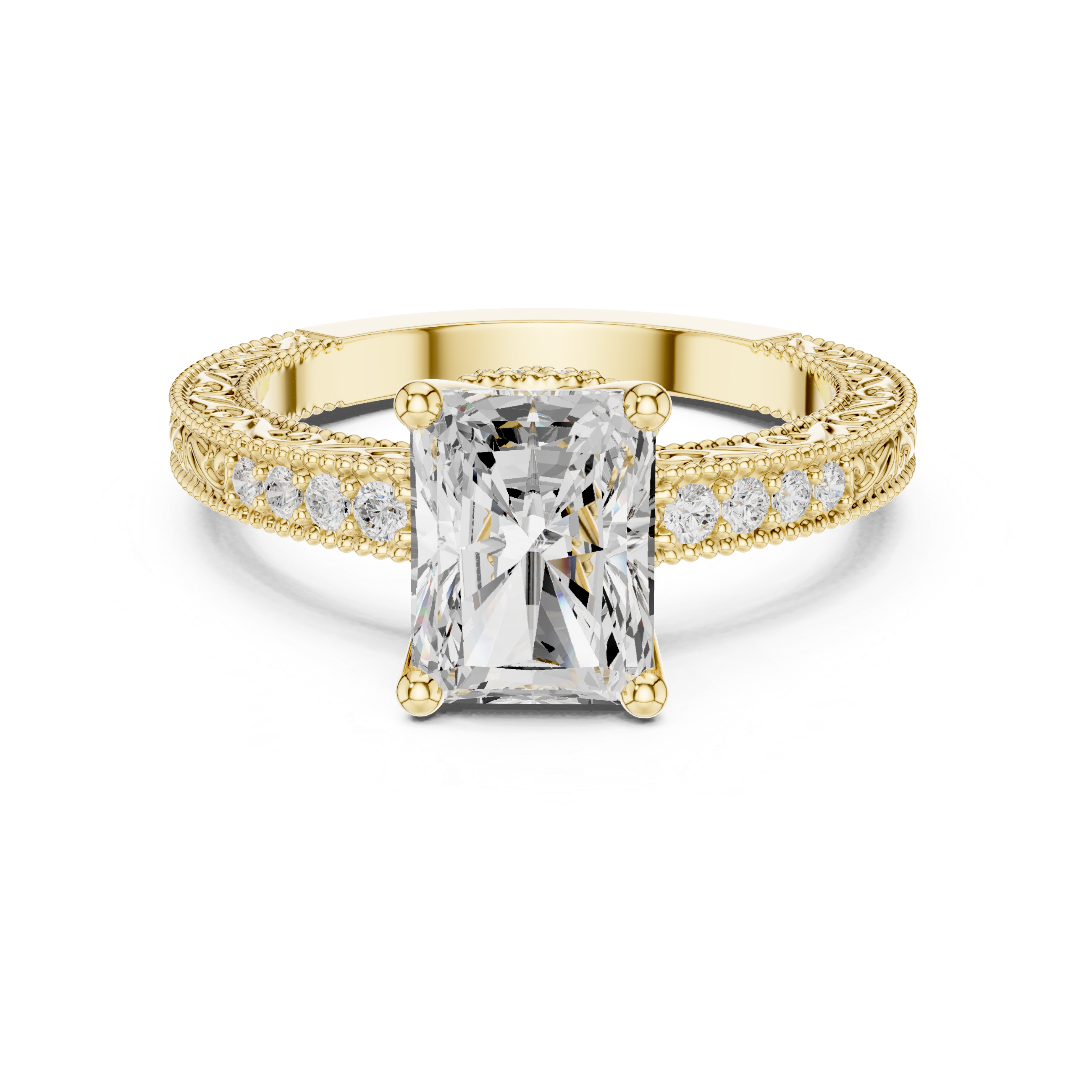 Vintage Milgrain Radiant Cut Engagement Ring with Pavé Diamond Accents