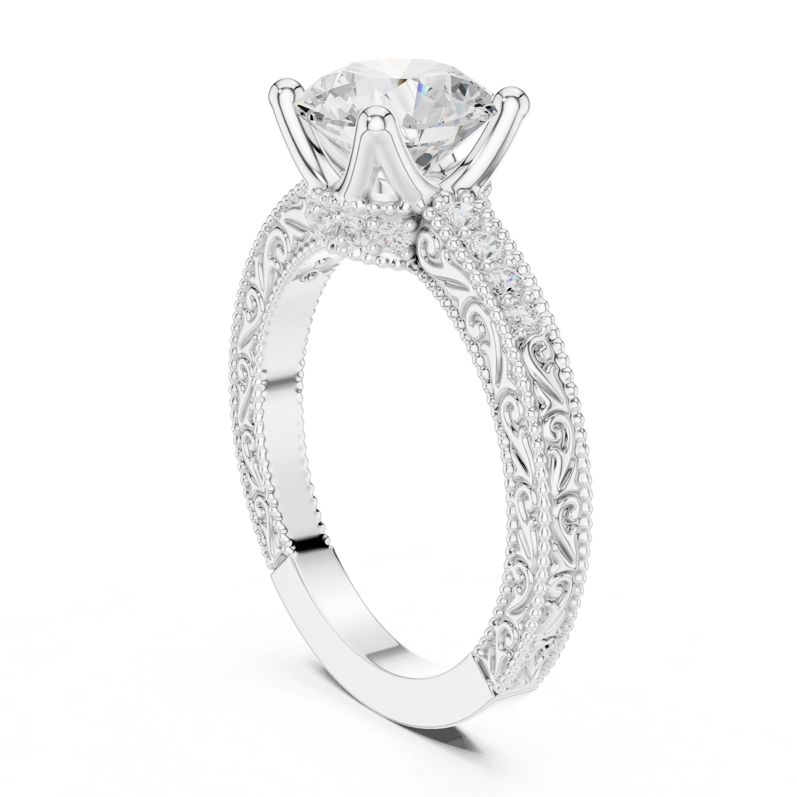 Vintage Milgrain Round Cut Engagement Ring with Pavé Diamond Accents