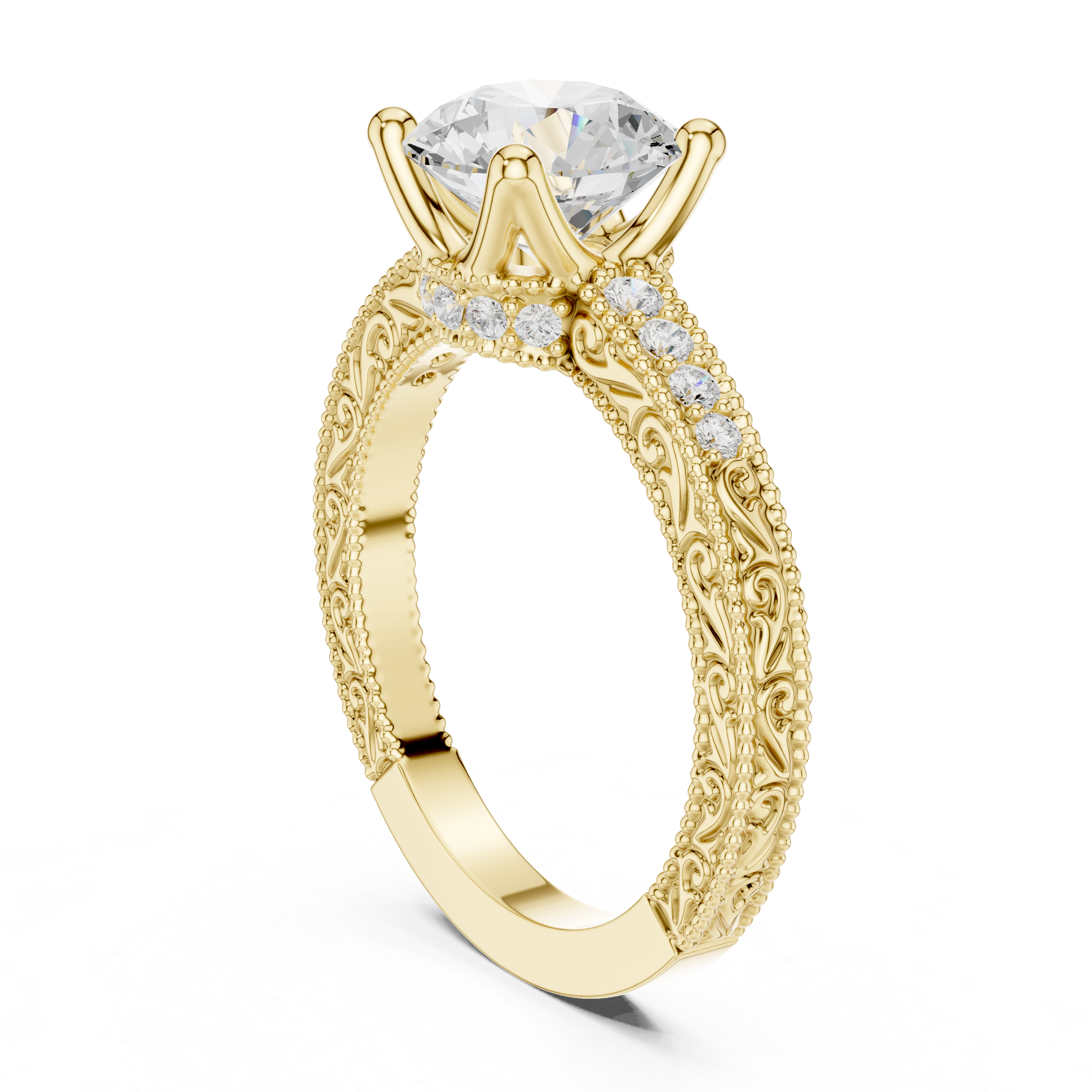 Vintage Milgrain Round Cut Engagement Ring with Pavé Diamond Accents
