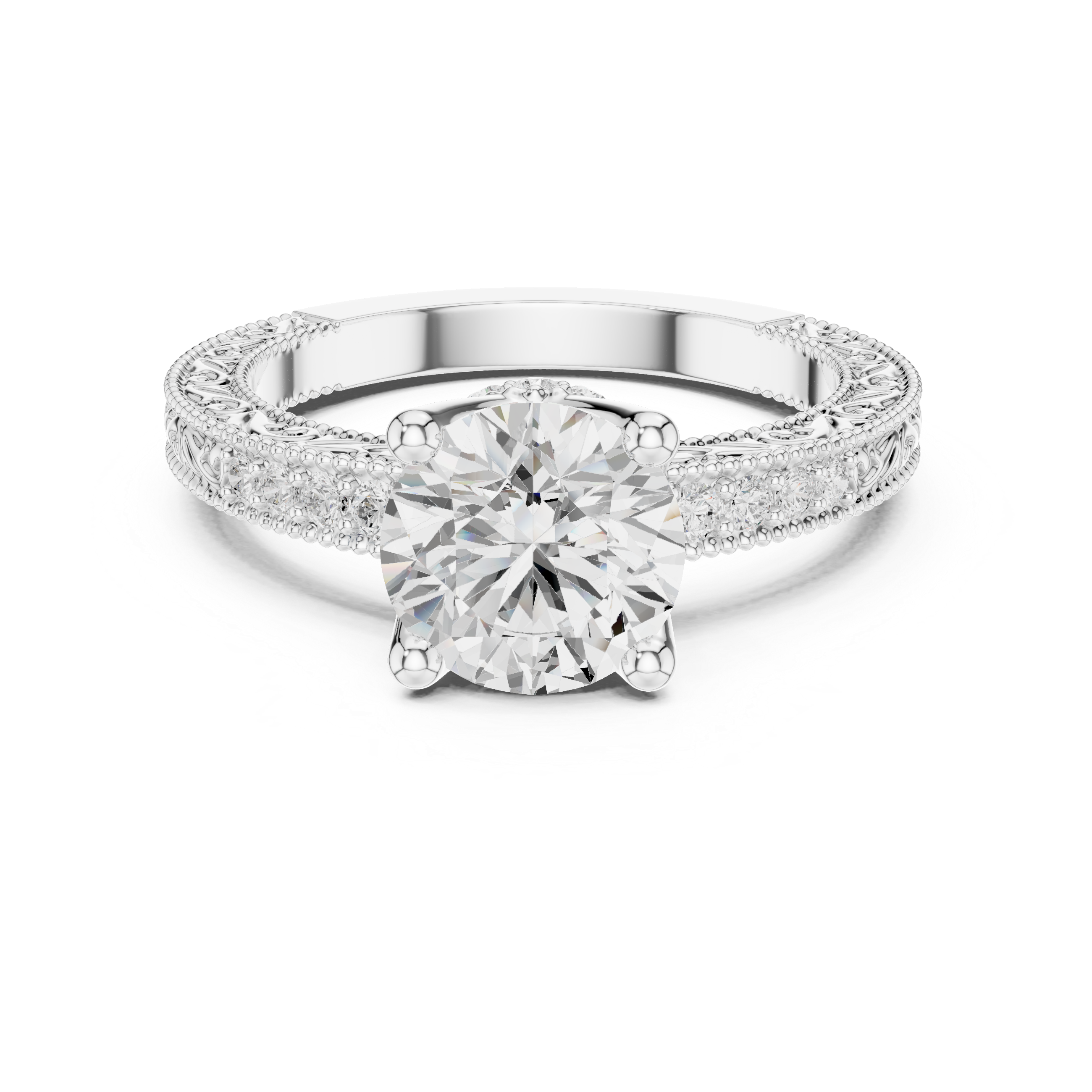 Vintage Milgrain Round Cut Engagement Ring with Pavé Diamond Accents