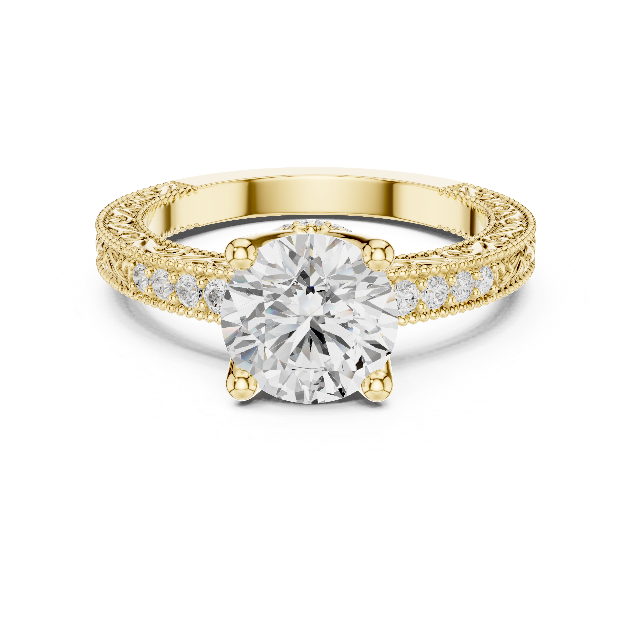 Vintage Milgrain Round Cut Engagement Ring with Pavé Diamond Accents