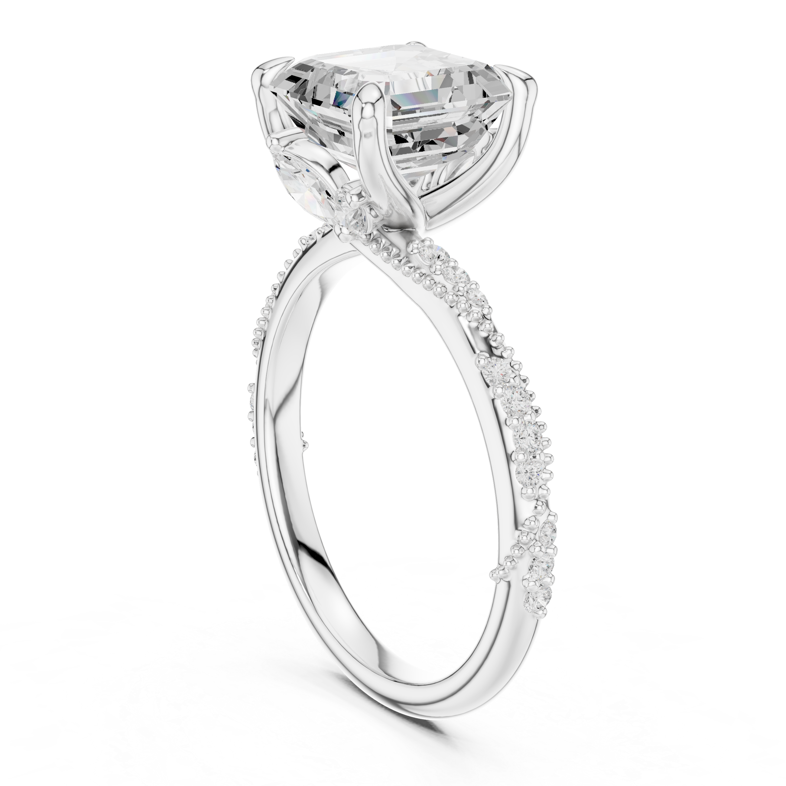 Vintage Asscher Cut Diamond Engagement Ring with Marquise Accents