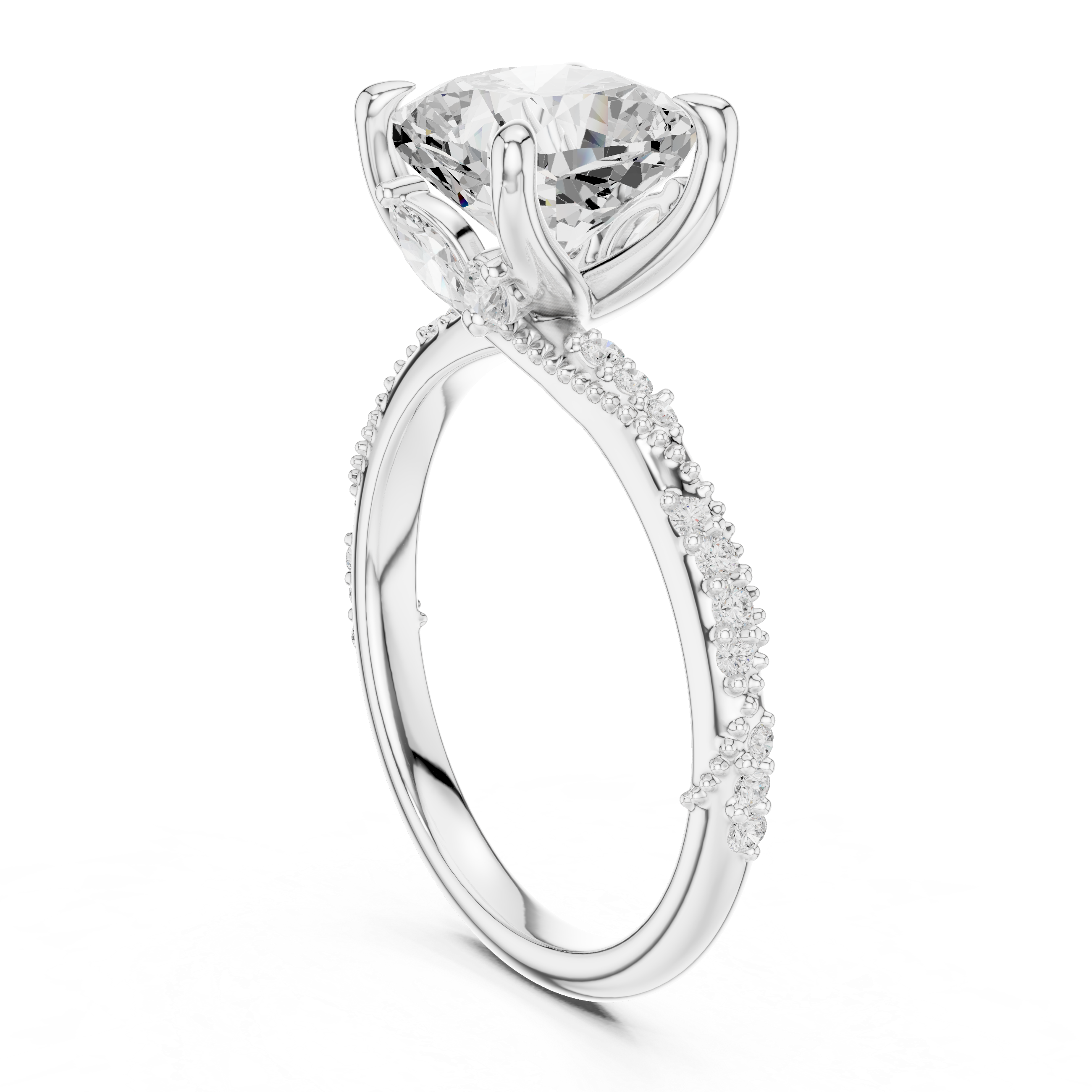Vintage Cushion Cut Diamond Engagement Ring with Marquise Side Accents