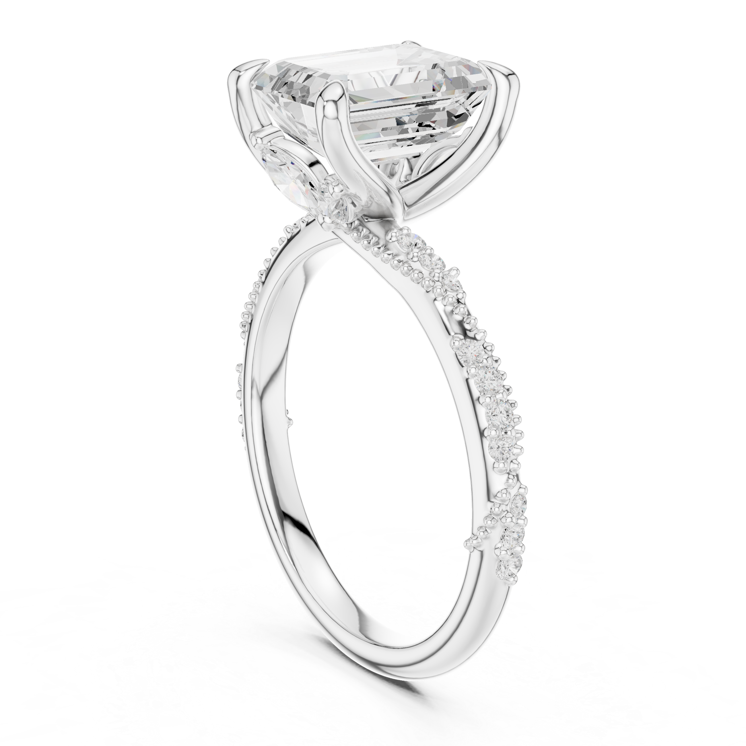 Vintage Emerald Cut Diamond Engagement Ring with Marquise Accent Details