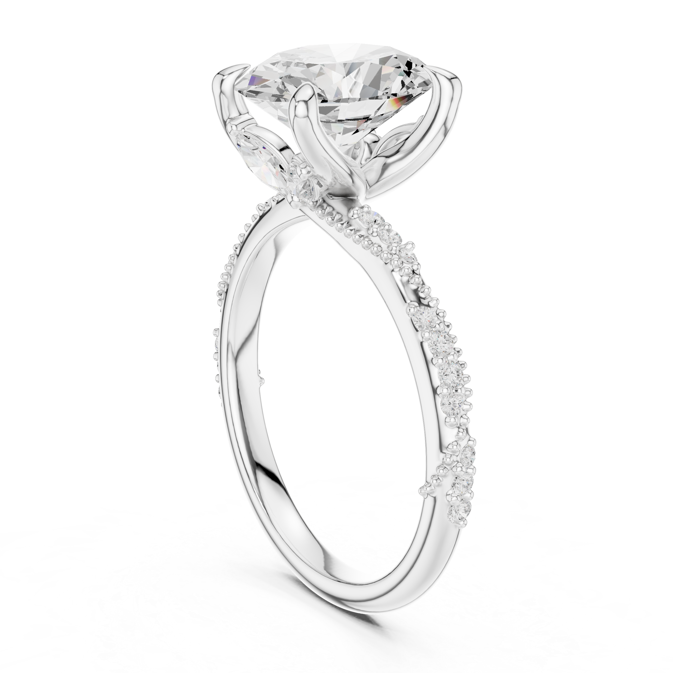 Vintage Oval Cut Diamond Engagement Ring with Twisted Pavé Cathedral Band