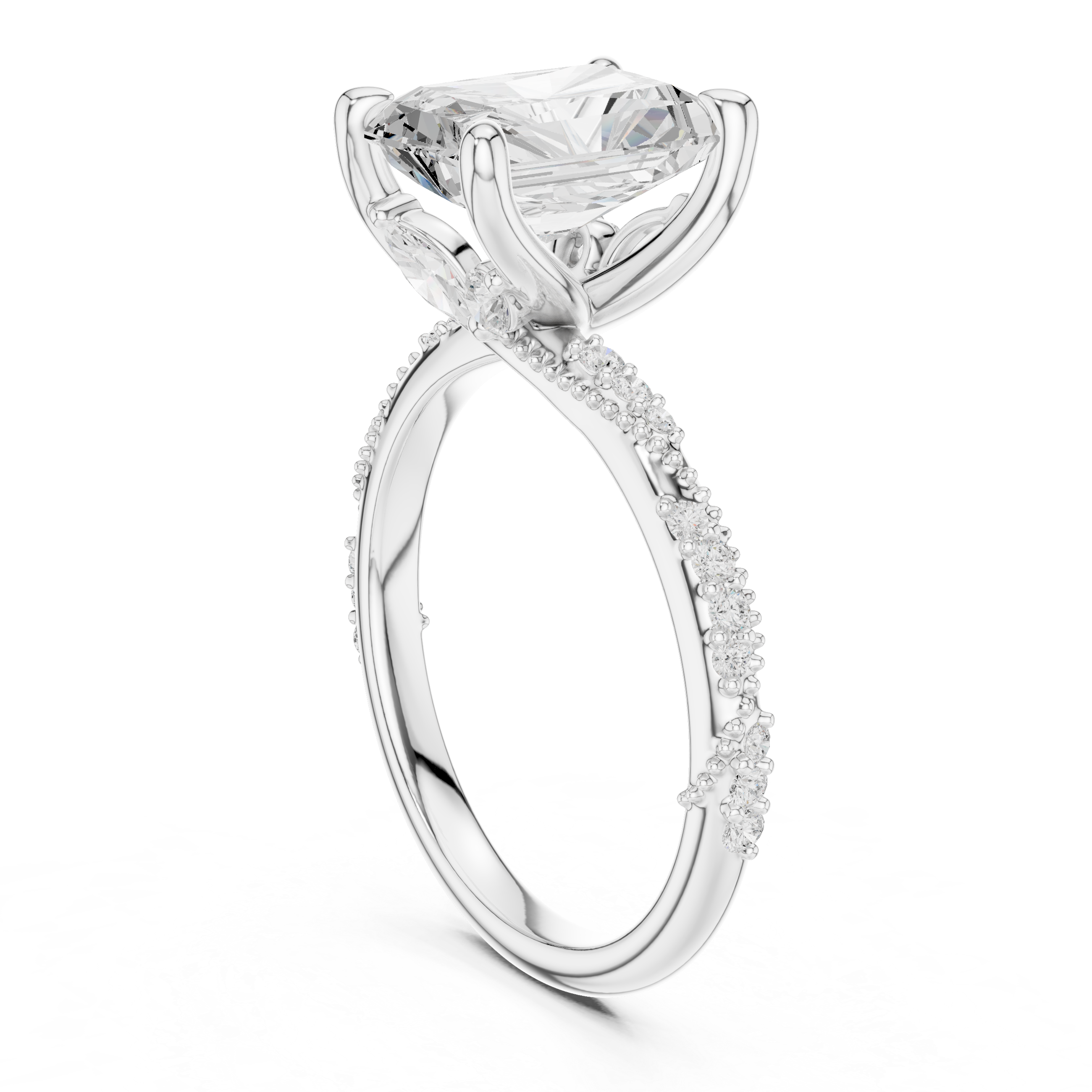 Vintage Radiant Cut Diamond Engagement Ring with Twisted Pavé Cathedral Band