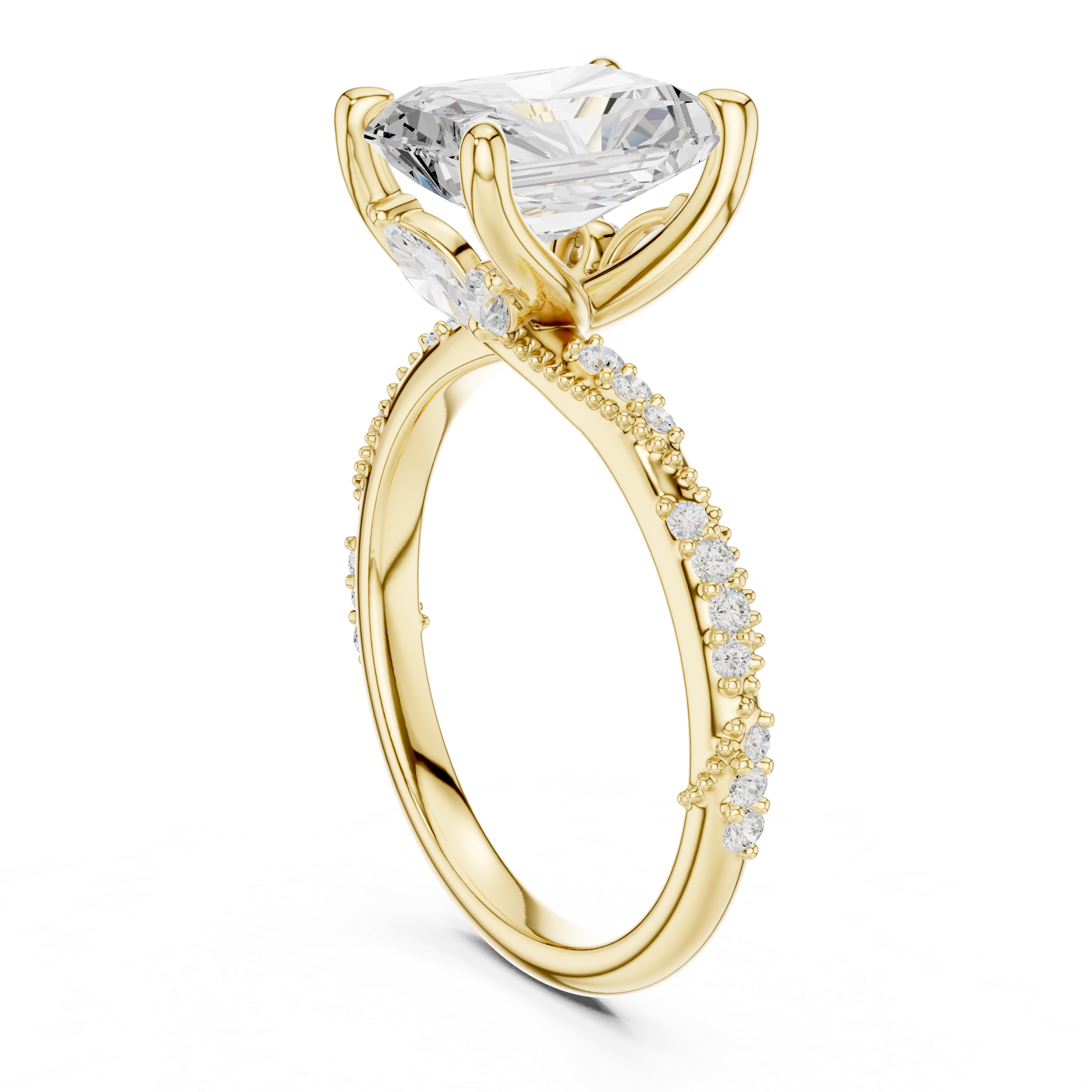Vintage Radiant Cut Diamond Engagement Ring with Twisted Pavé Cathedral Band