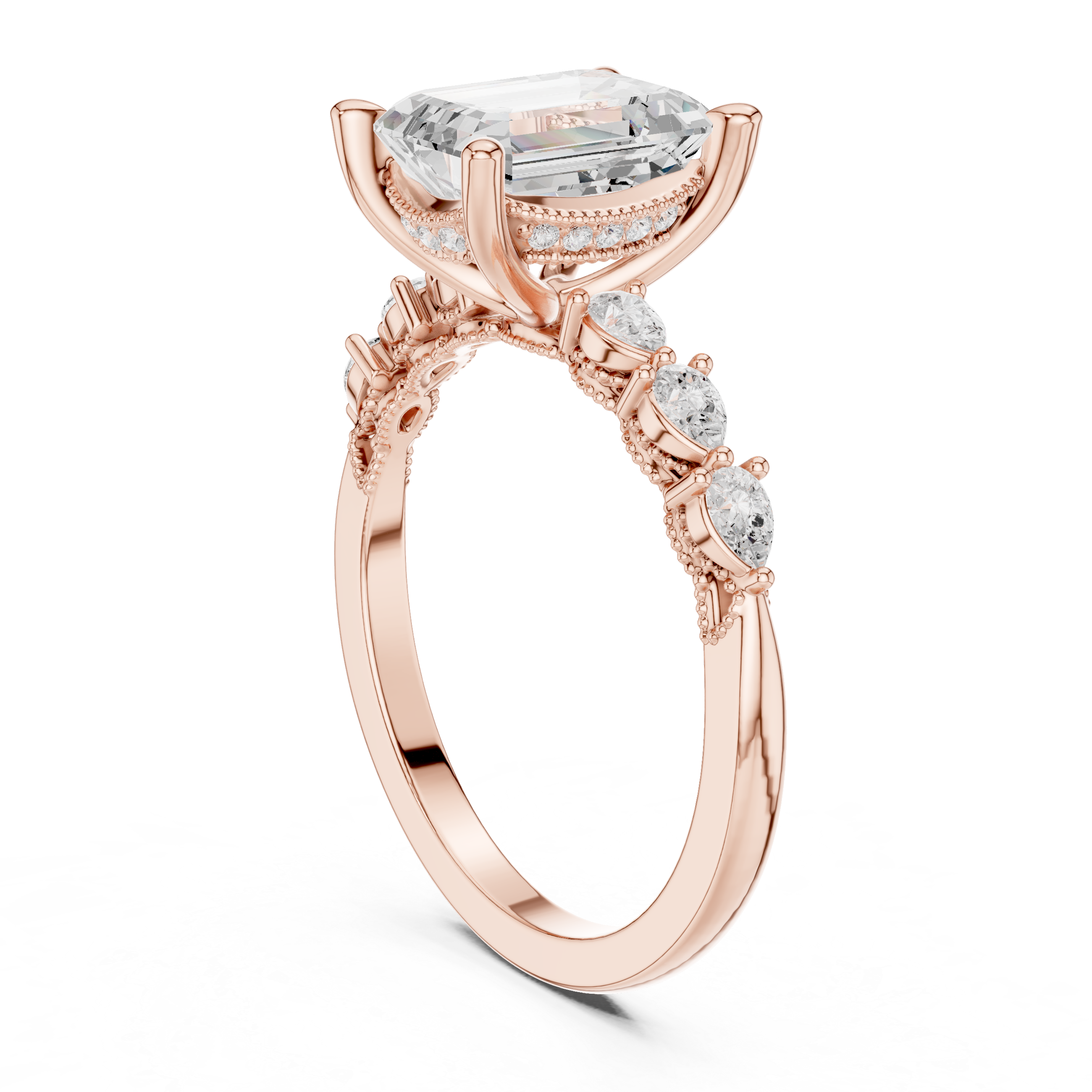 Vintage Emerald Cut Diamond Engagement Ring with Pear Side Stones and Milgrain Detail