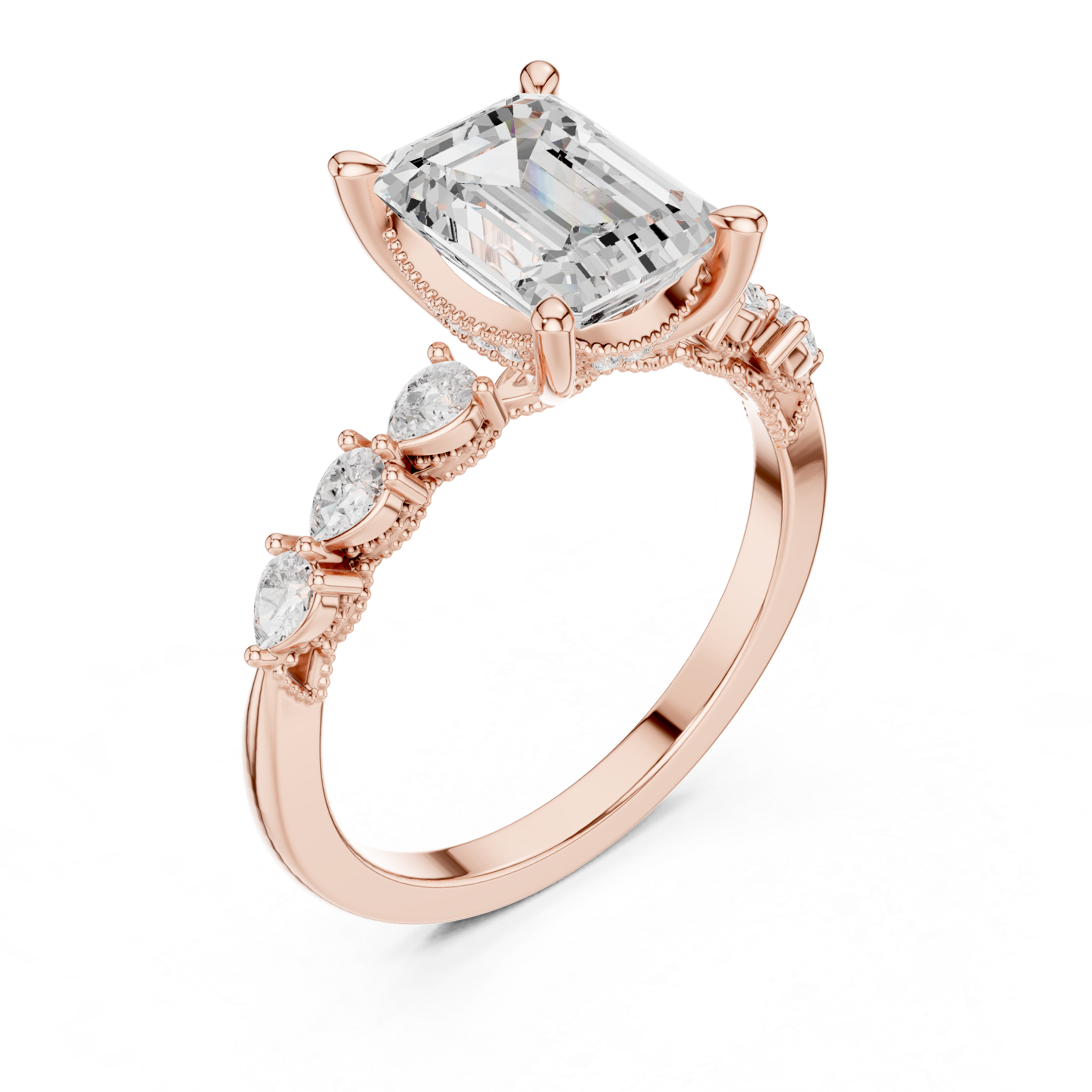 Vintage Emerald Cut Diamond Engagement Ring with Pear Side Stones and Milgrain Detail