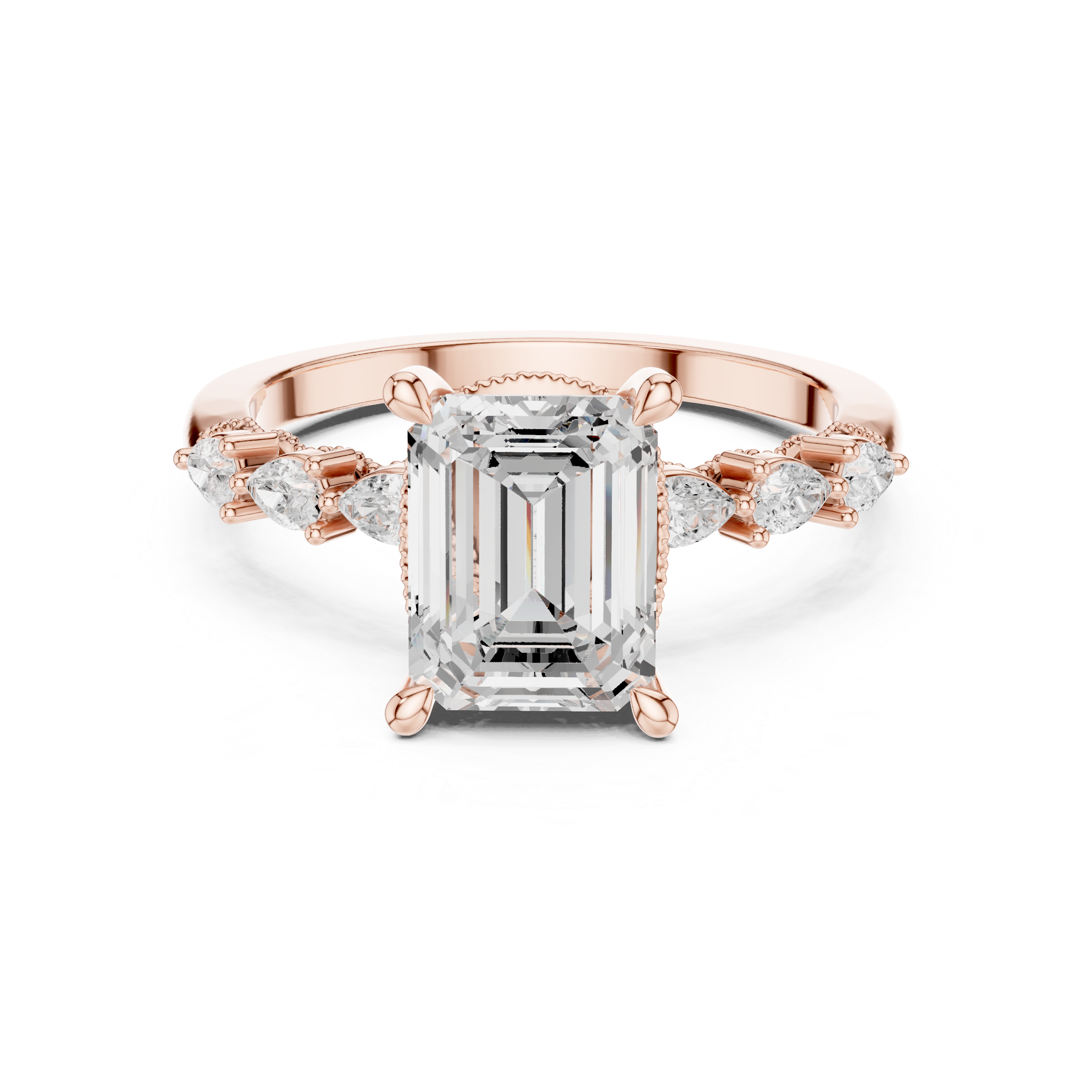 Vintage Emerald Cut Diamond Engagement Ring with Pear Side Stones and Milgrain Detail