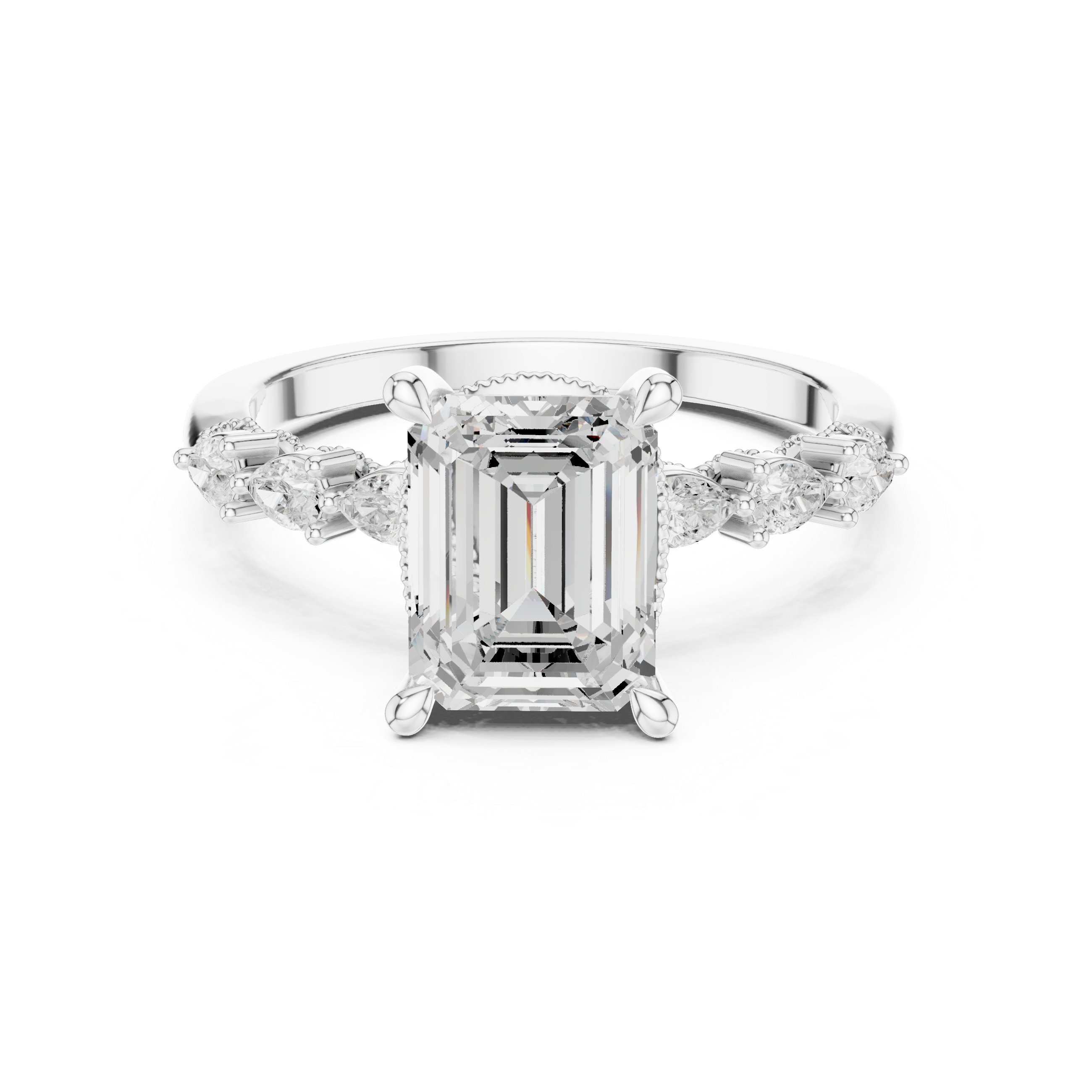 Vintage Emerald Cut Diamond Engagement Ring with Pear Side Stones and Milgrain Detail