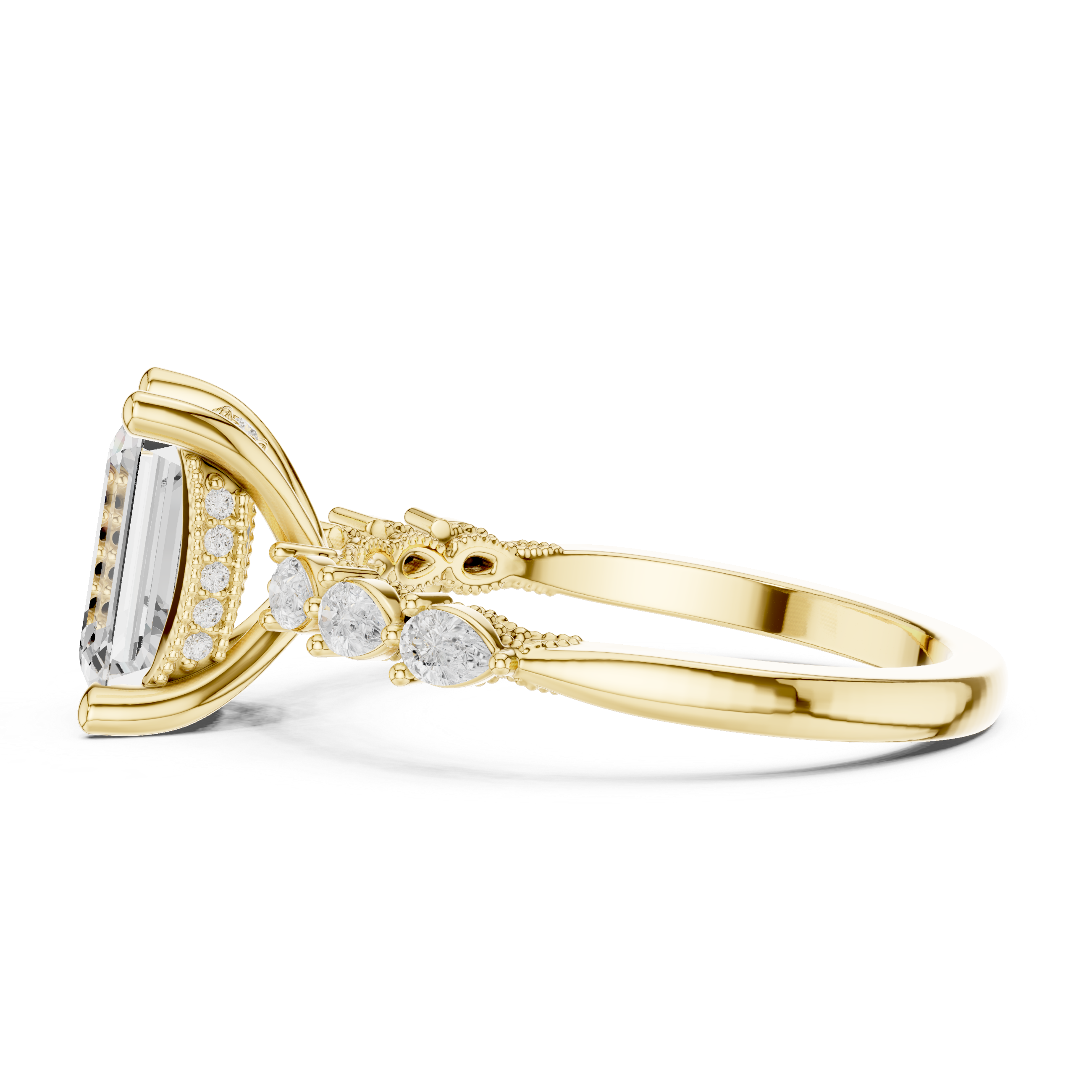Vintage Emerald Cut Diamond Engagement Ring with Pear Side Stones and Milgrain Detail