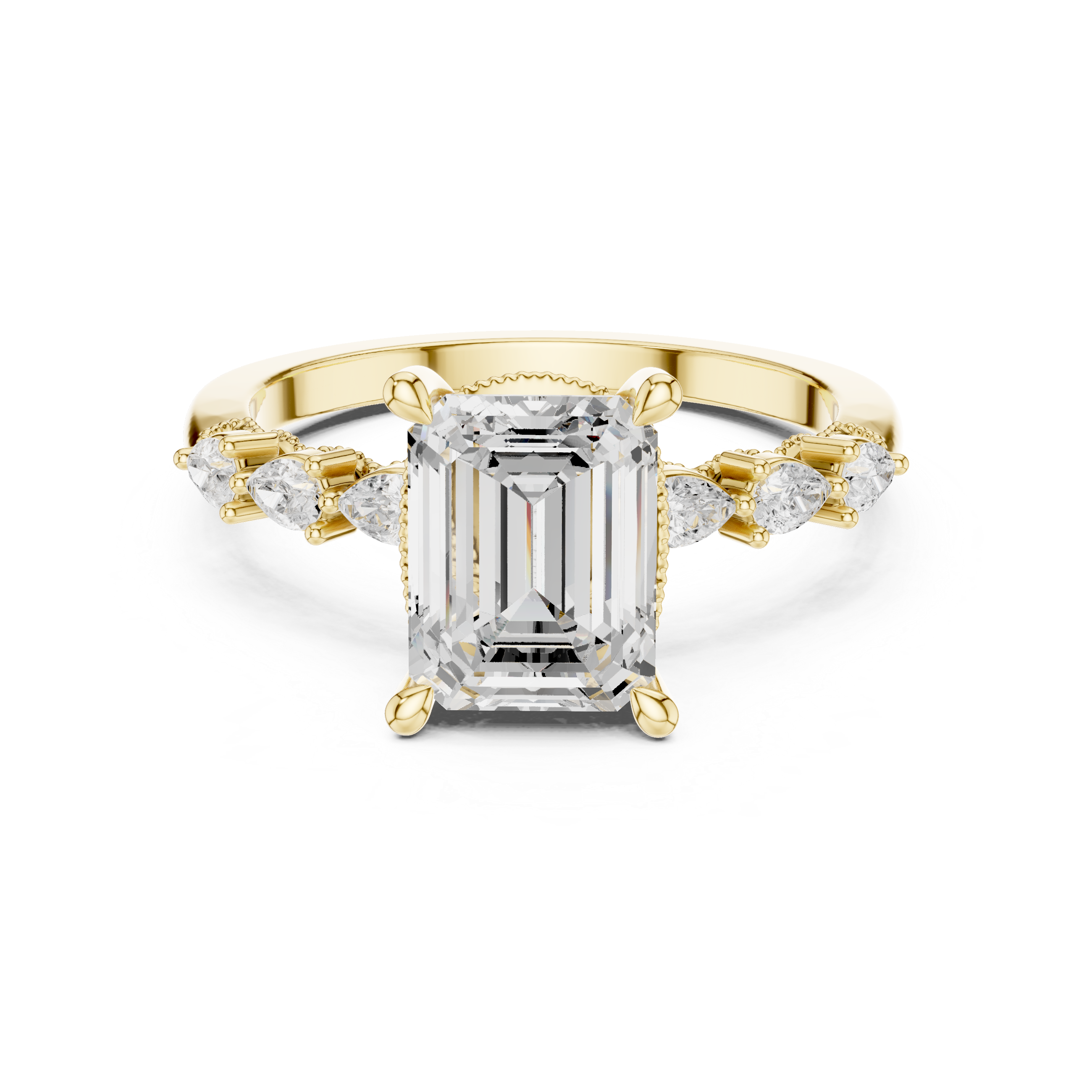 Vintage Emerald Cut Diamond Engagement Ring with Pear Side Stones and Milgrain Detail