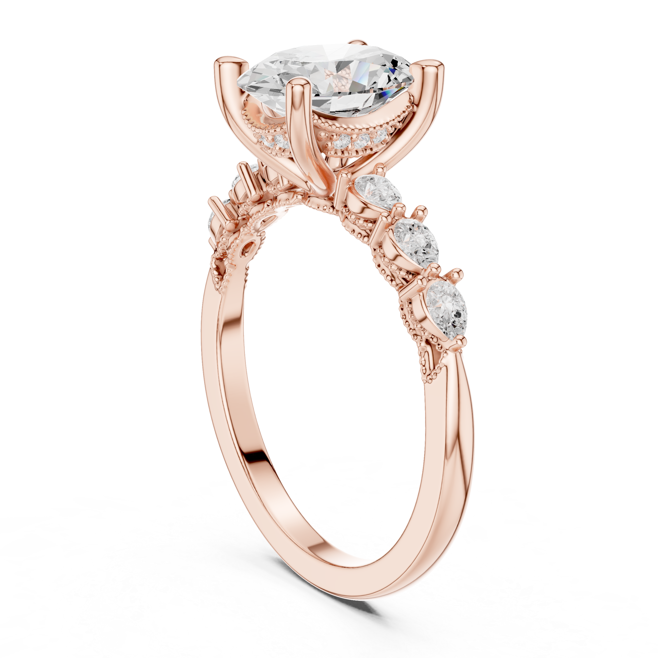 Vintage Oval Diamond Engagement Ring with Pear Side Stones and Milgrain Detailing