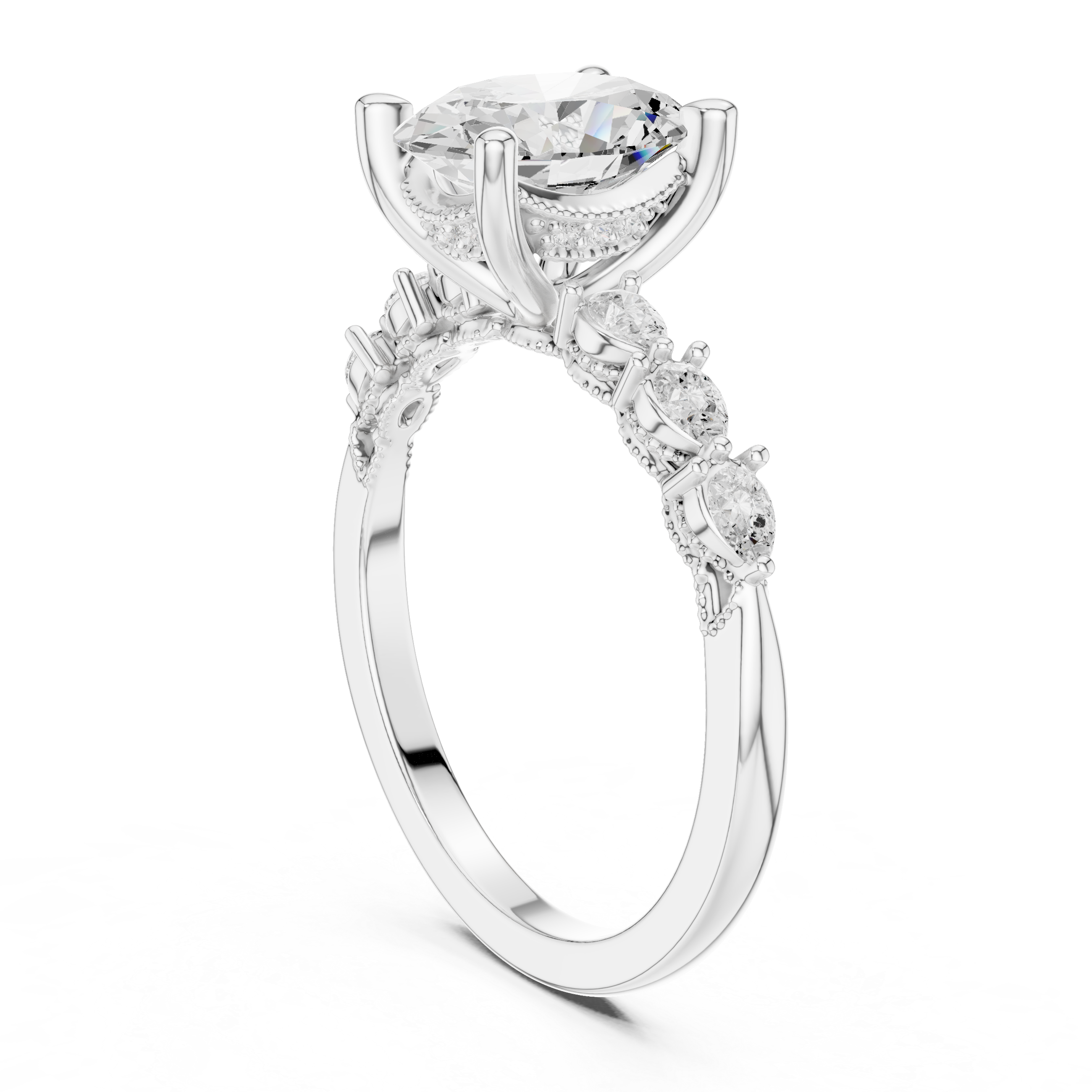 Vintage Oval Diamond Engagement Ring with Pear Side Stones and Milgrain Detailing