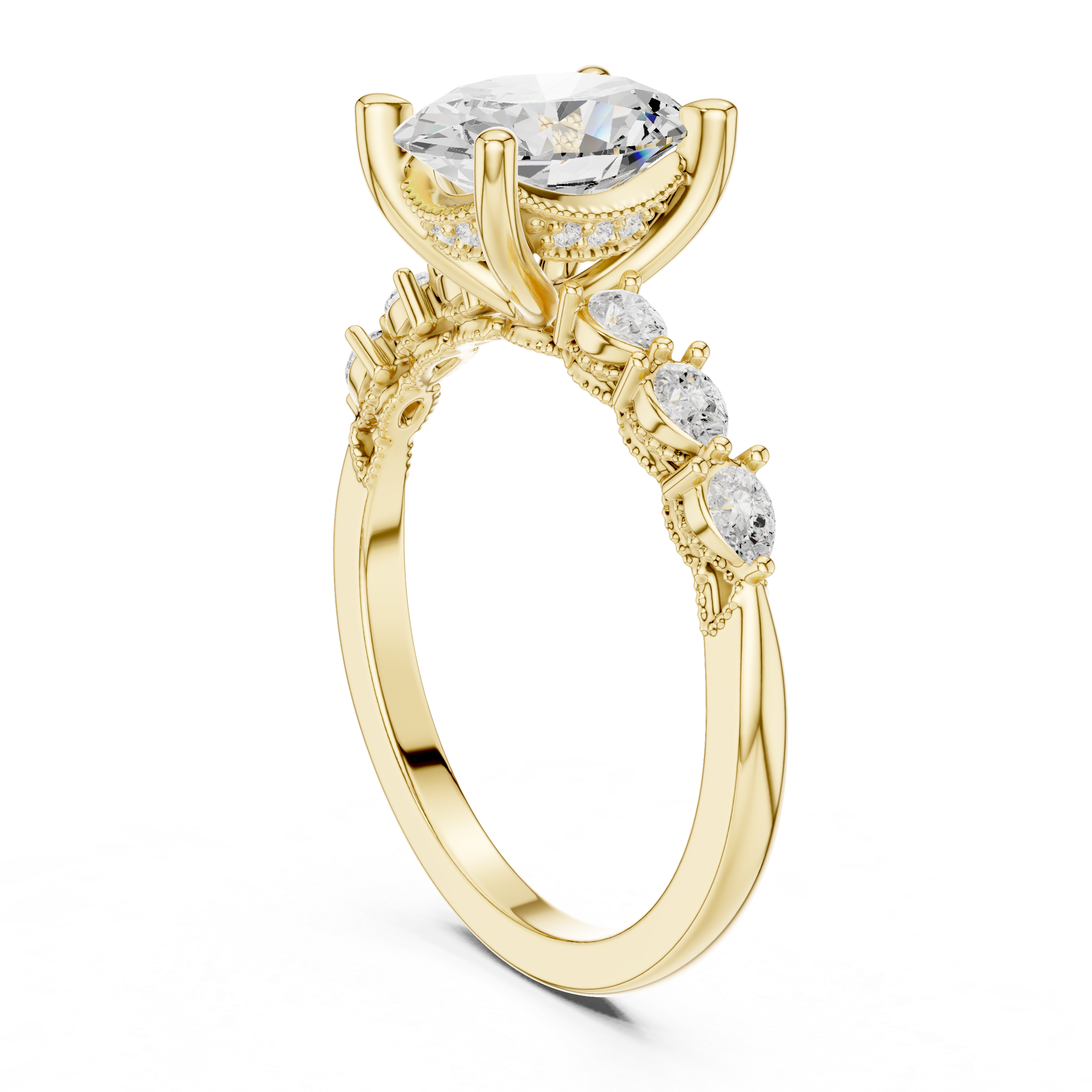 Vintage Oval Diamond Engagement Ring with Pear Side Stones and Milgrain Detailing