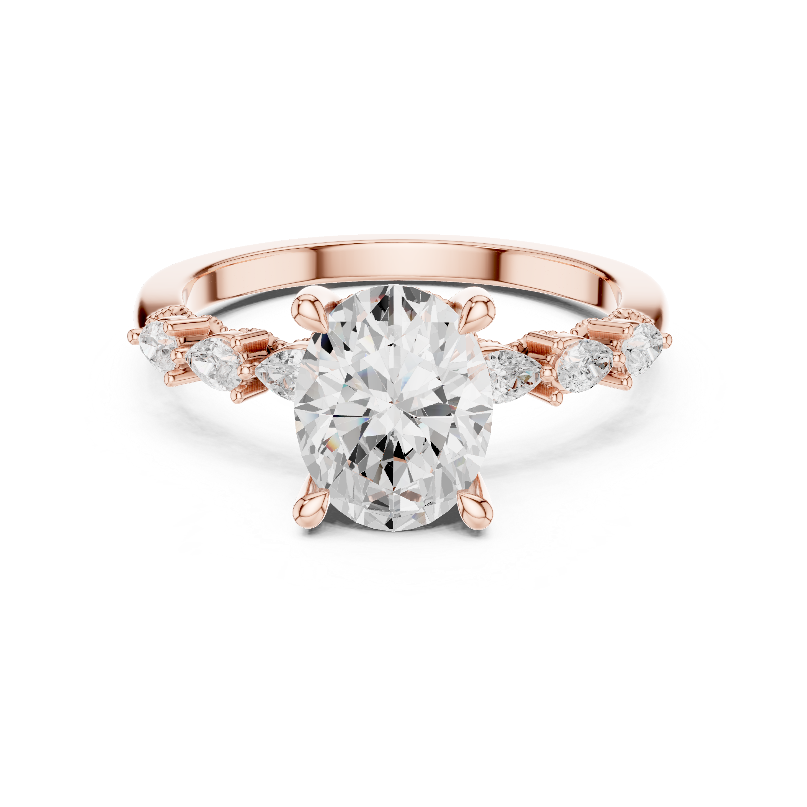 Vintage Oval Diamond Engagement Ring with Pear Side Stones and Milgrain Detailing