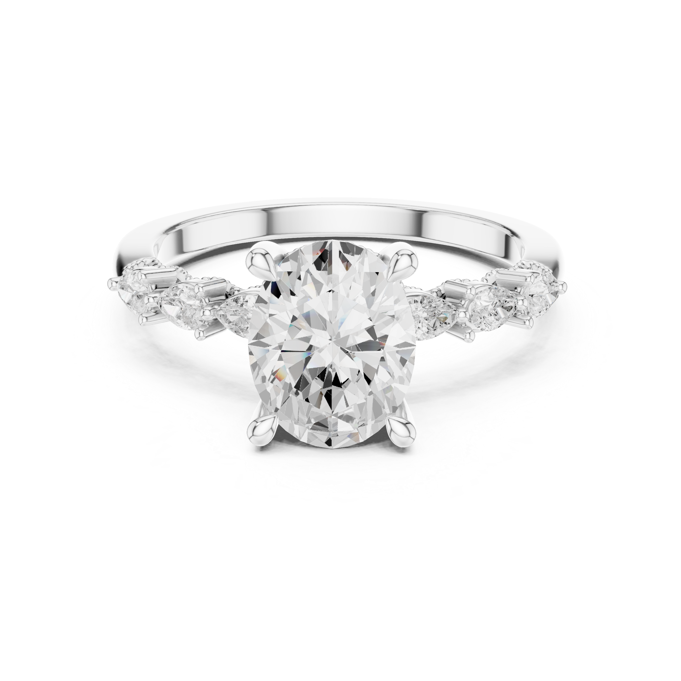 Vintage Oval Diamond Engagement Ring with Pear Side Stones and Milgrain Detailing
