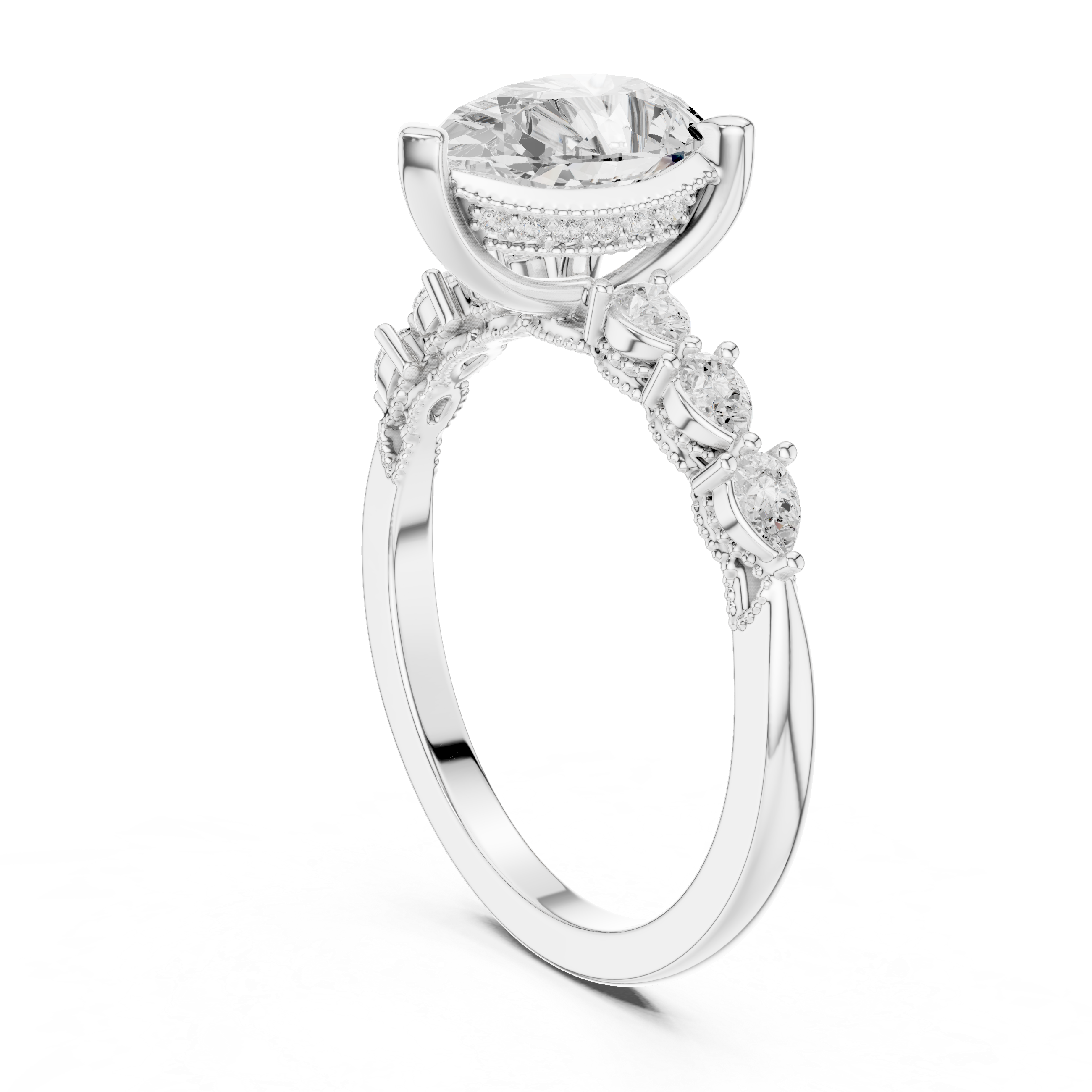 Vintage Pear Cut Diamond Engagement Ring with Marquise Side Stones and Milgrain Details
