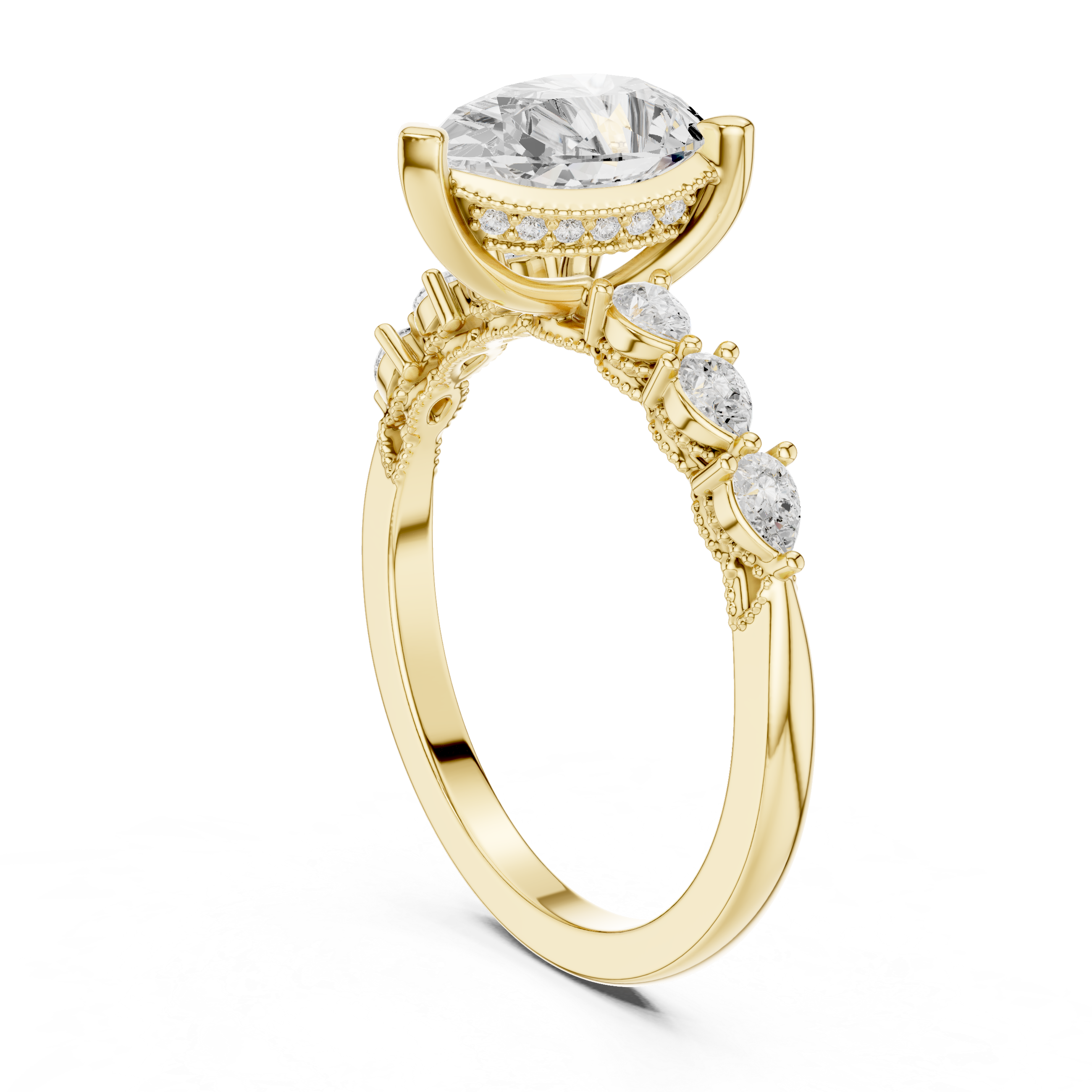 Vintage Pear Cut Diamond Engagement Ring with Marquise Side Stones and Milgrain Details