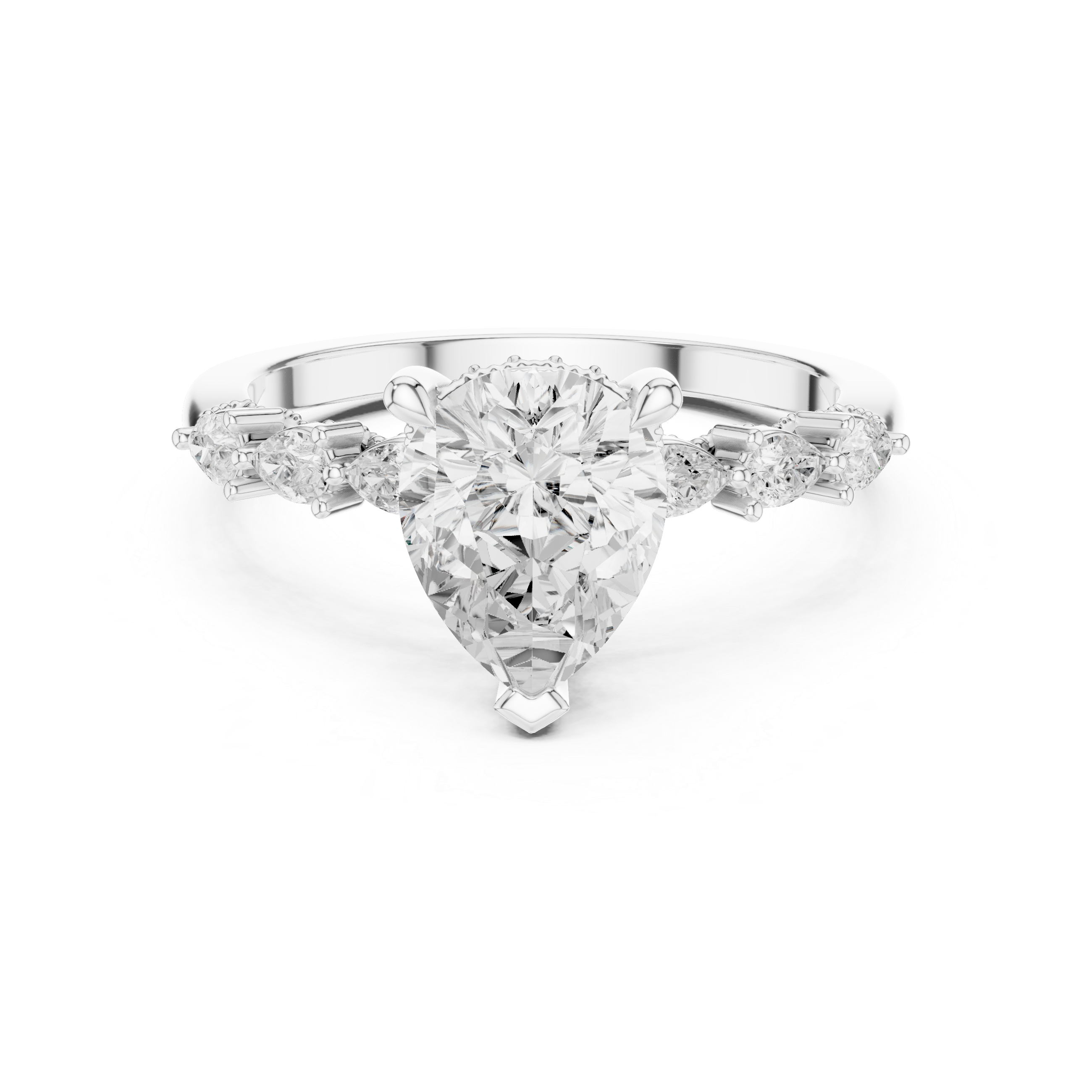Vintage Pear Cut Diamond Engagement Ring with Marquise Side Stones and Milgrain Details