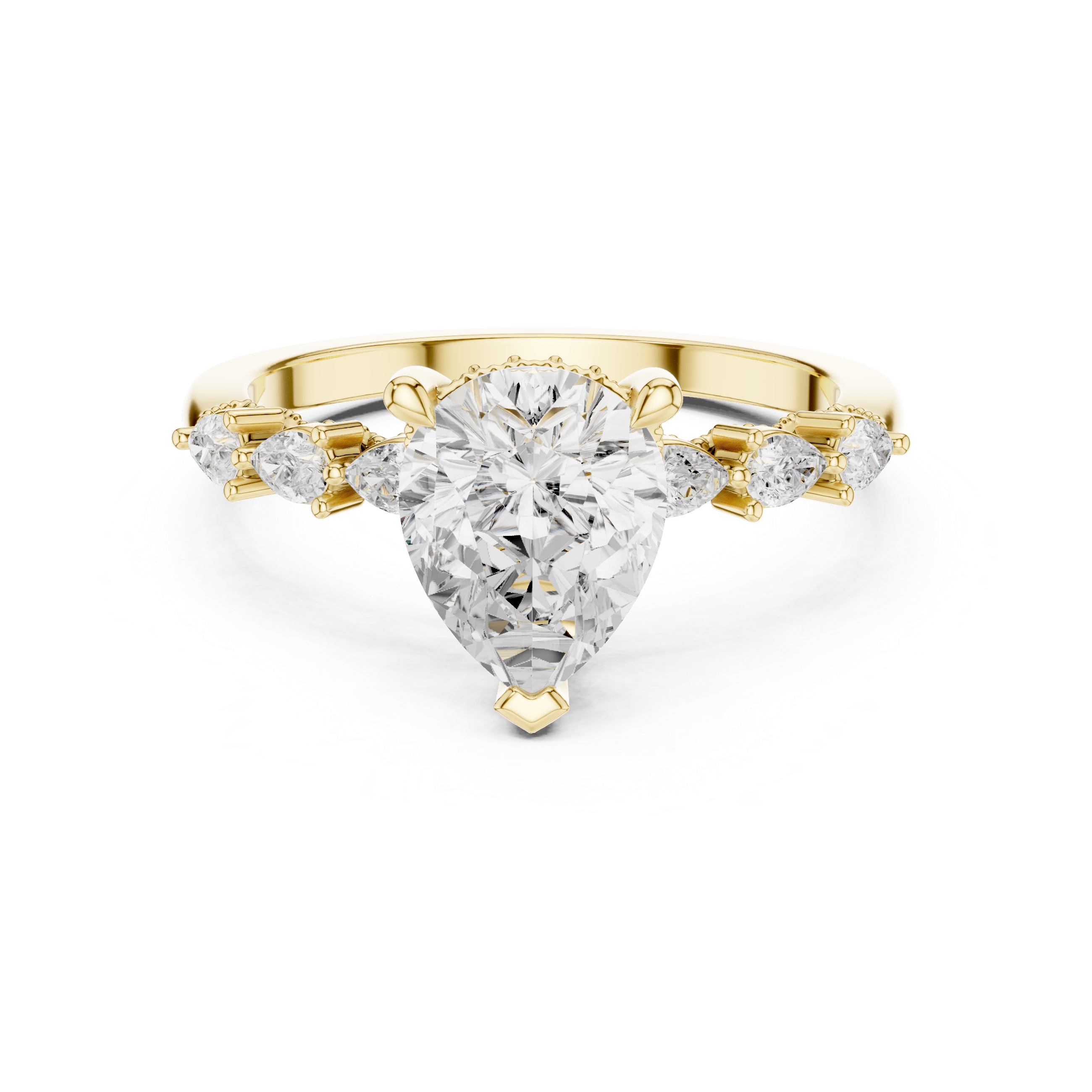 Vintage Pear Cut Diamond Engagement Ring with Marquise Side Stones and Milgrain Details