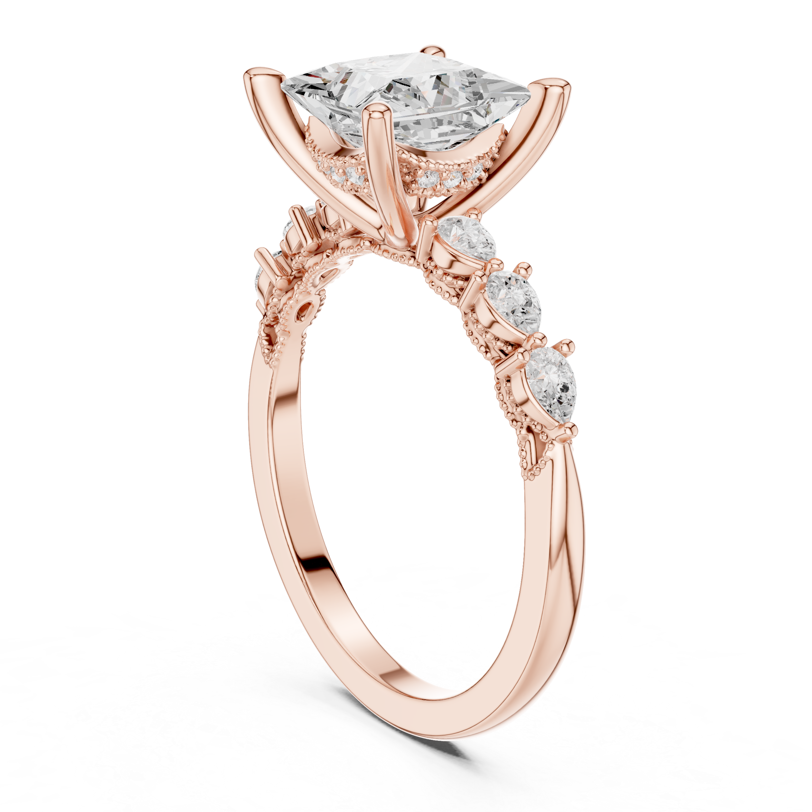 Vintage Princess Cut Diamond Engagement Ring with Marquise Side Stones and Milgrain Details
