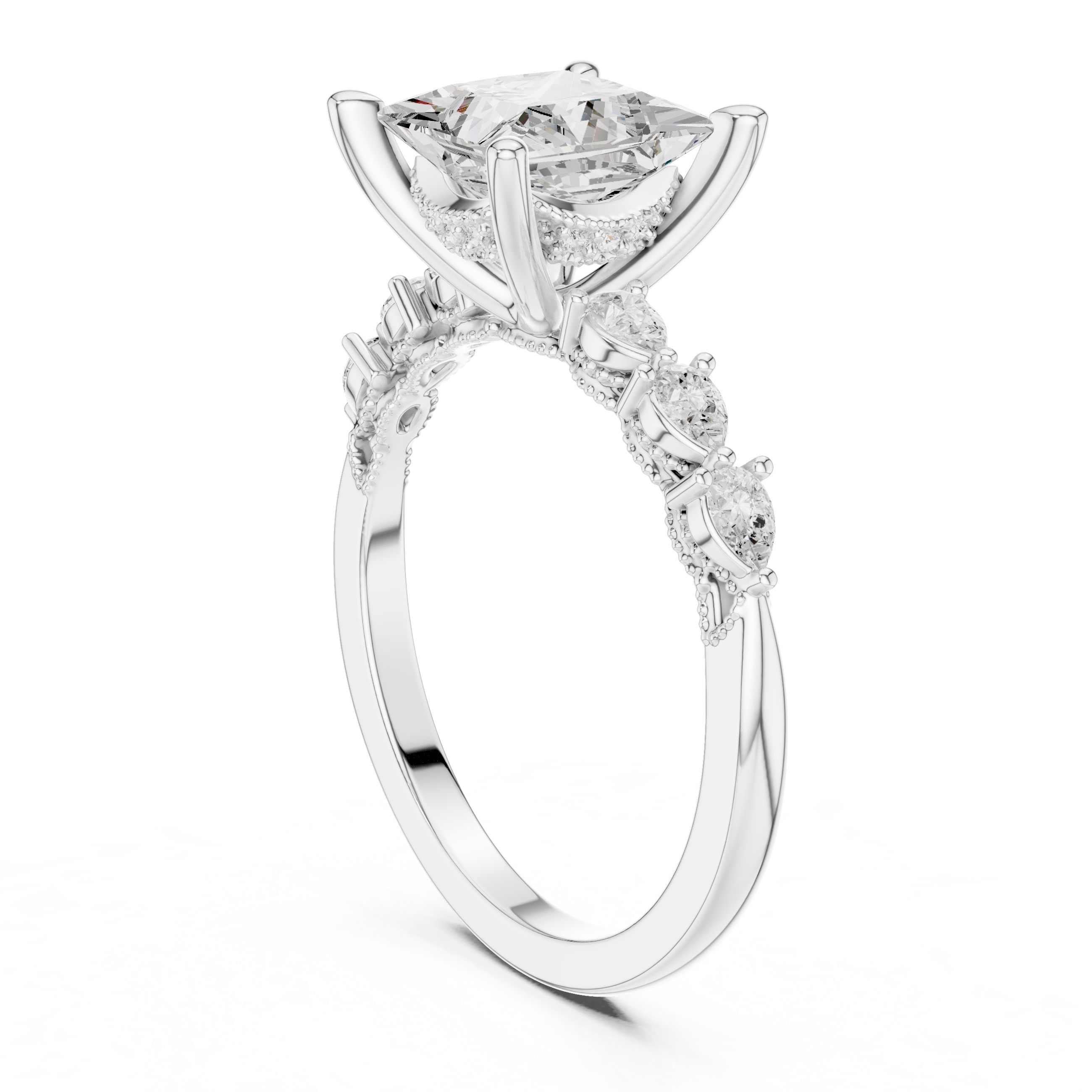 Vintage Princess Cut Diamond Engagement Ring with Marquise Side Stones and Milgrain Details