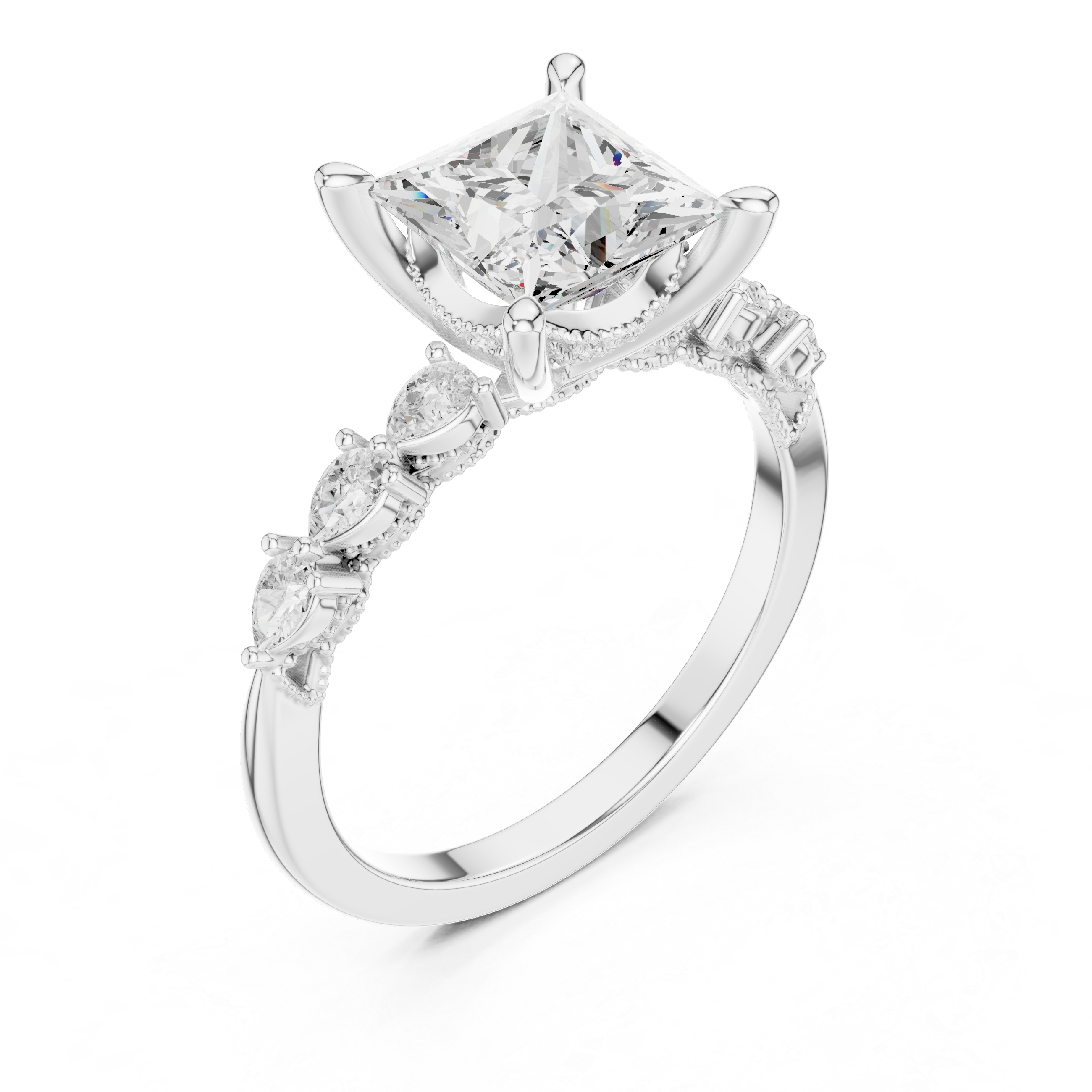 Vintage Princess Cut Diamond Engagement Ring with Marquise Side Stones and Milgrain Details