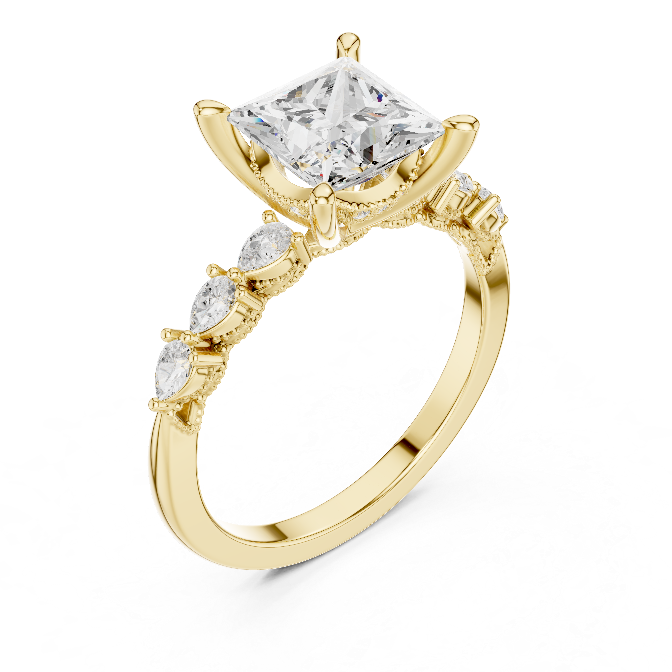 Vintage Princess Cut Diamond Engagement Ring with Marquise Side Stones and Milgrain Details