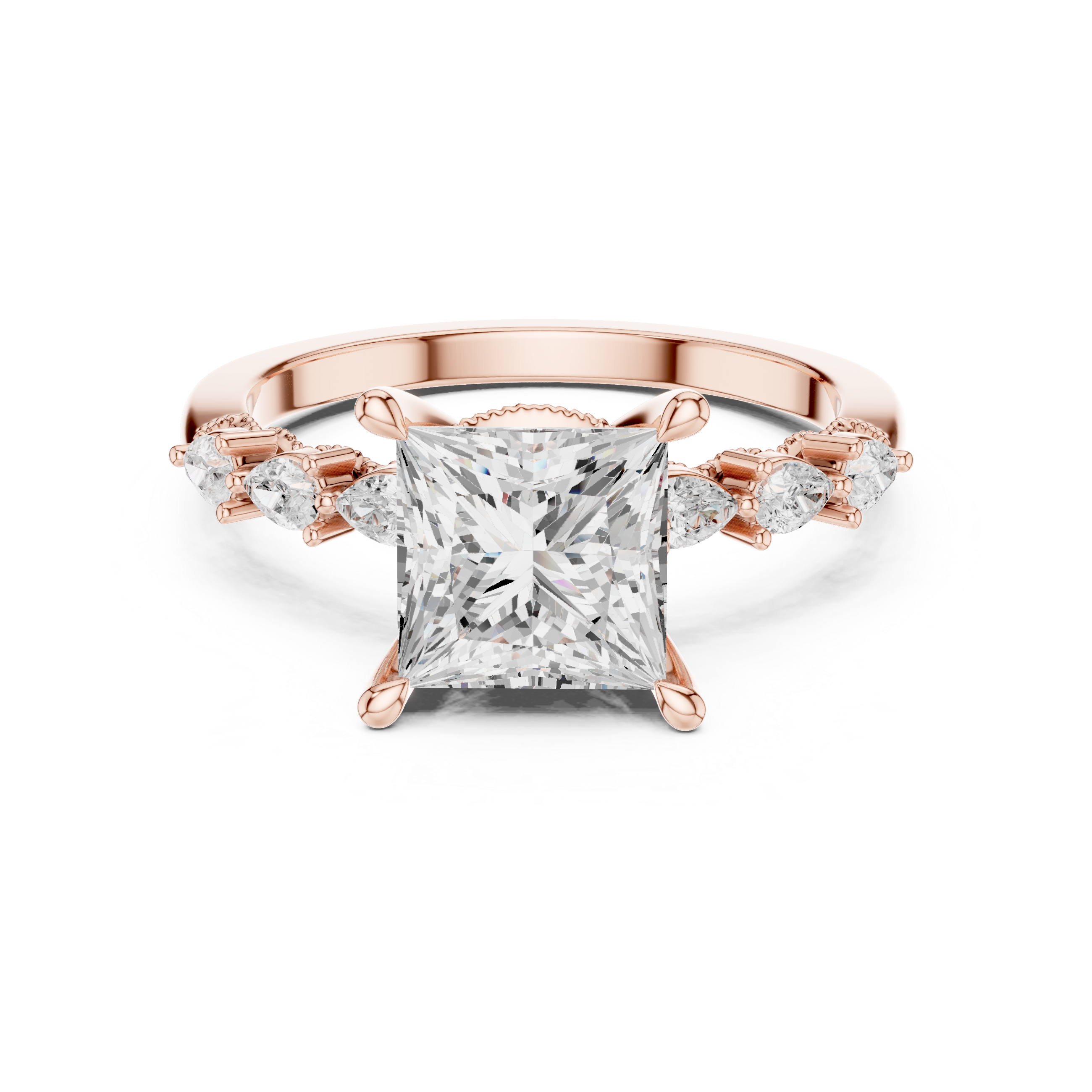 Vintage Princess Cut Diamond Engagement Ring with Marquise Side Stones and Milgrain Details