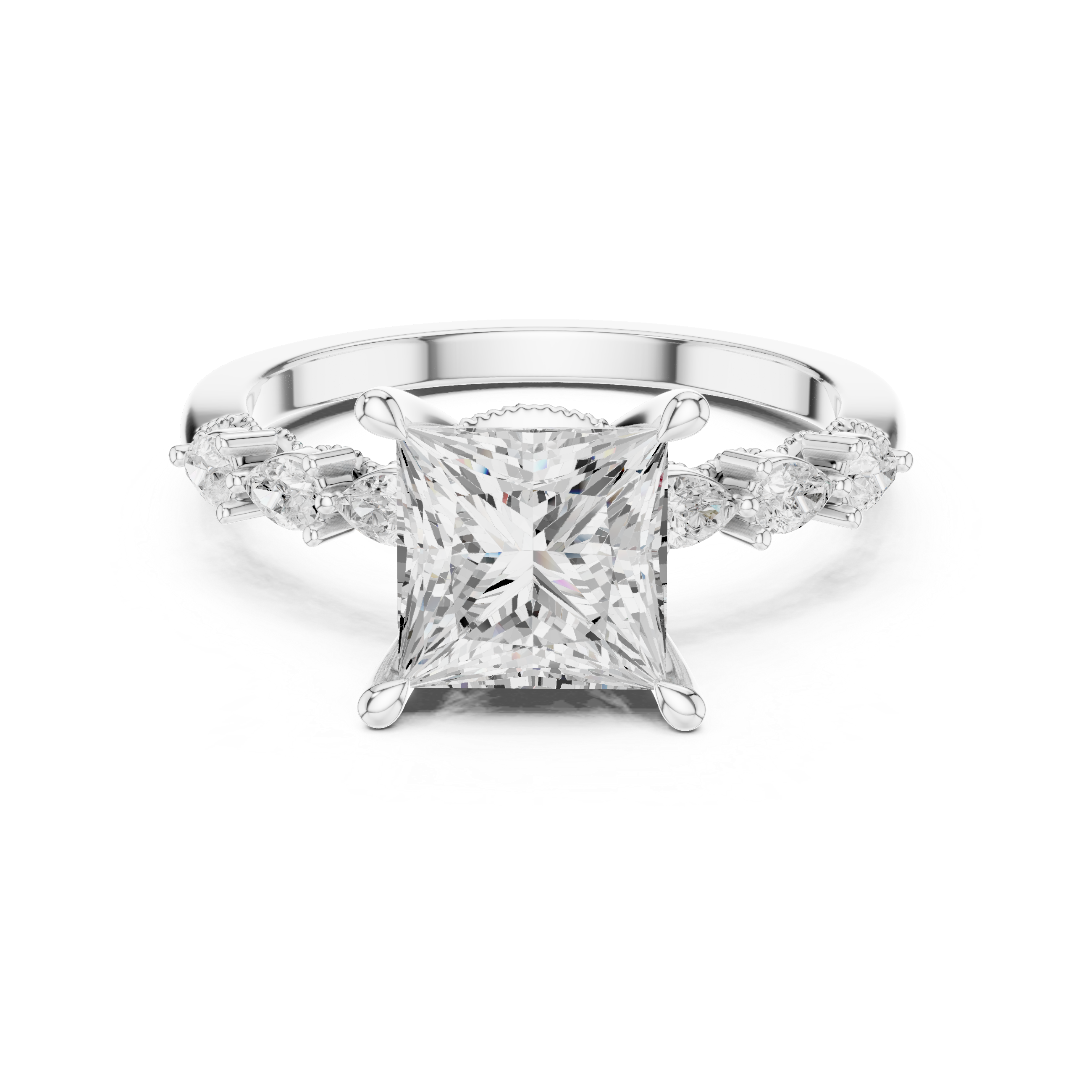 Vintage Princess Cut Diamond Engagement Ring with Marquise Side Stones and Milgrain Details