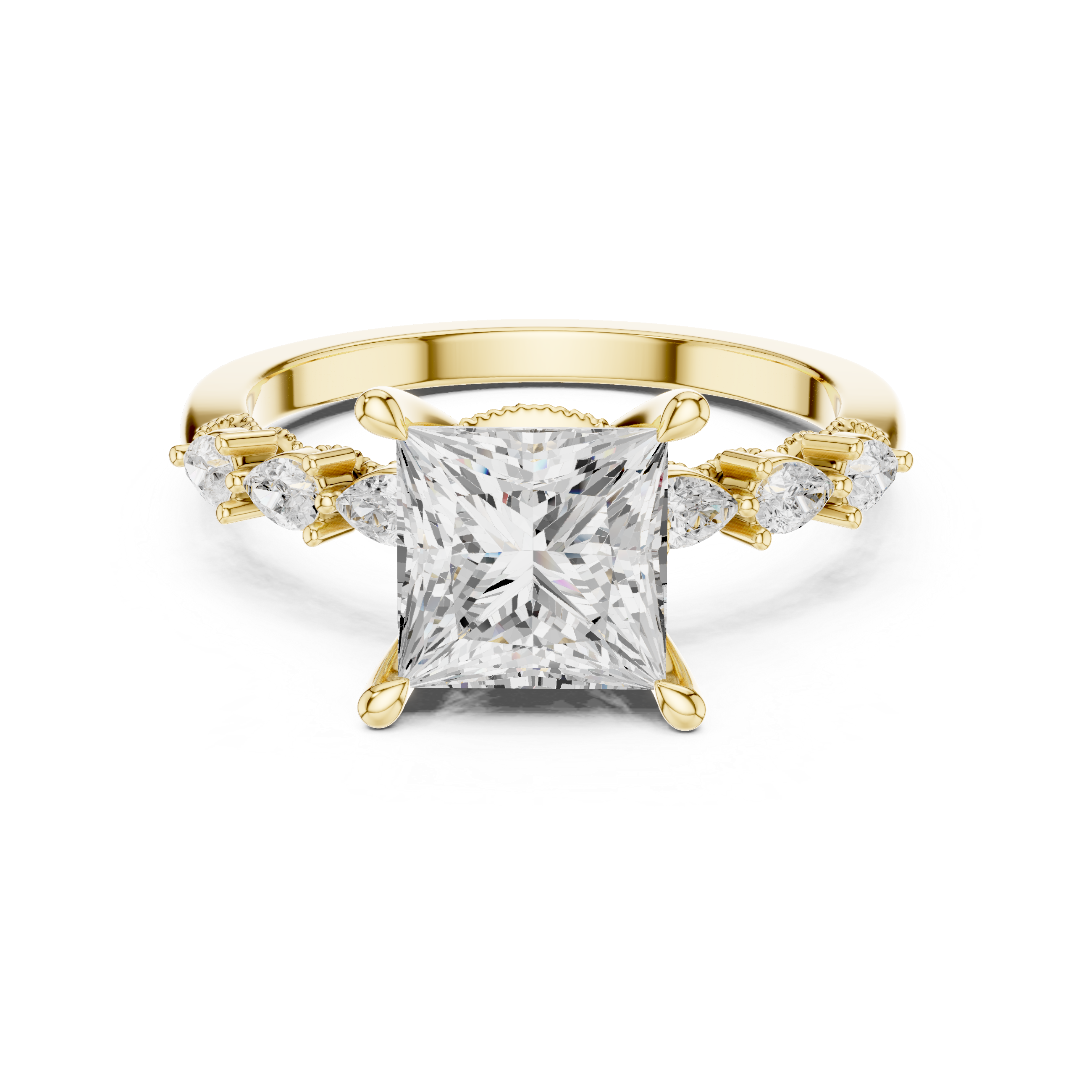 Vintage Princess Cut Diamond Engagement Ring with Marquise Side Stones and Milgrain Details