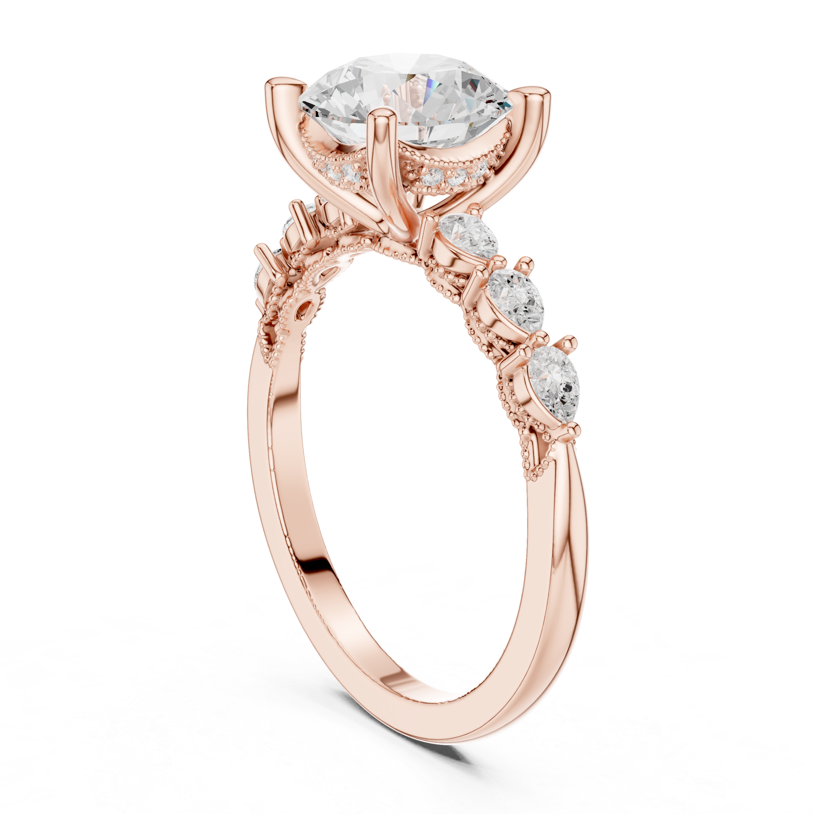 Vintage Round Brilliant Diamond Engagement Ring with Marquise Side Stones and Milgrain Accents