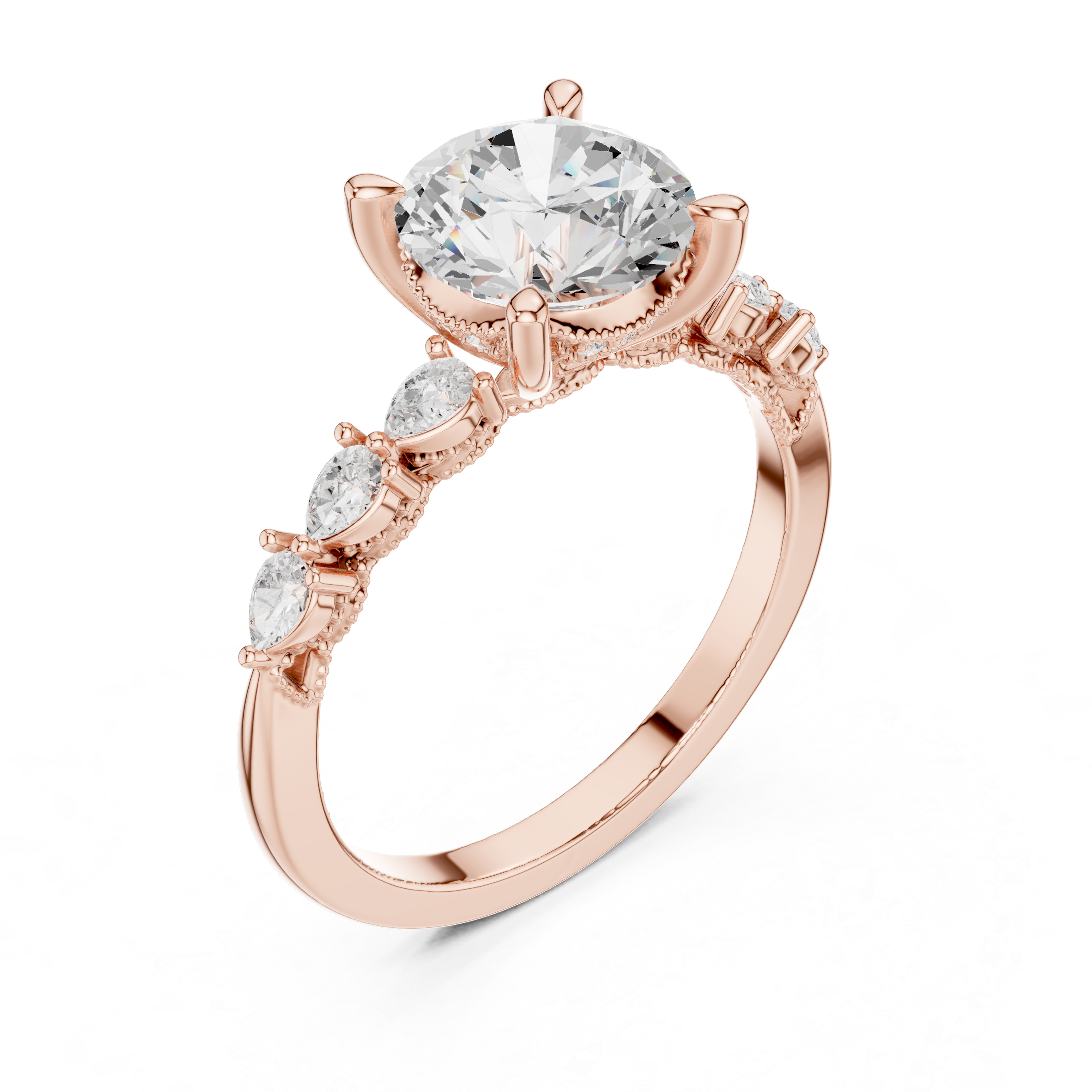 Vintage Round Brilliant Diamond Engagement Ring with Marquise Side Stones and Milgrain Accents