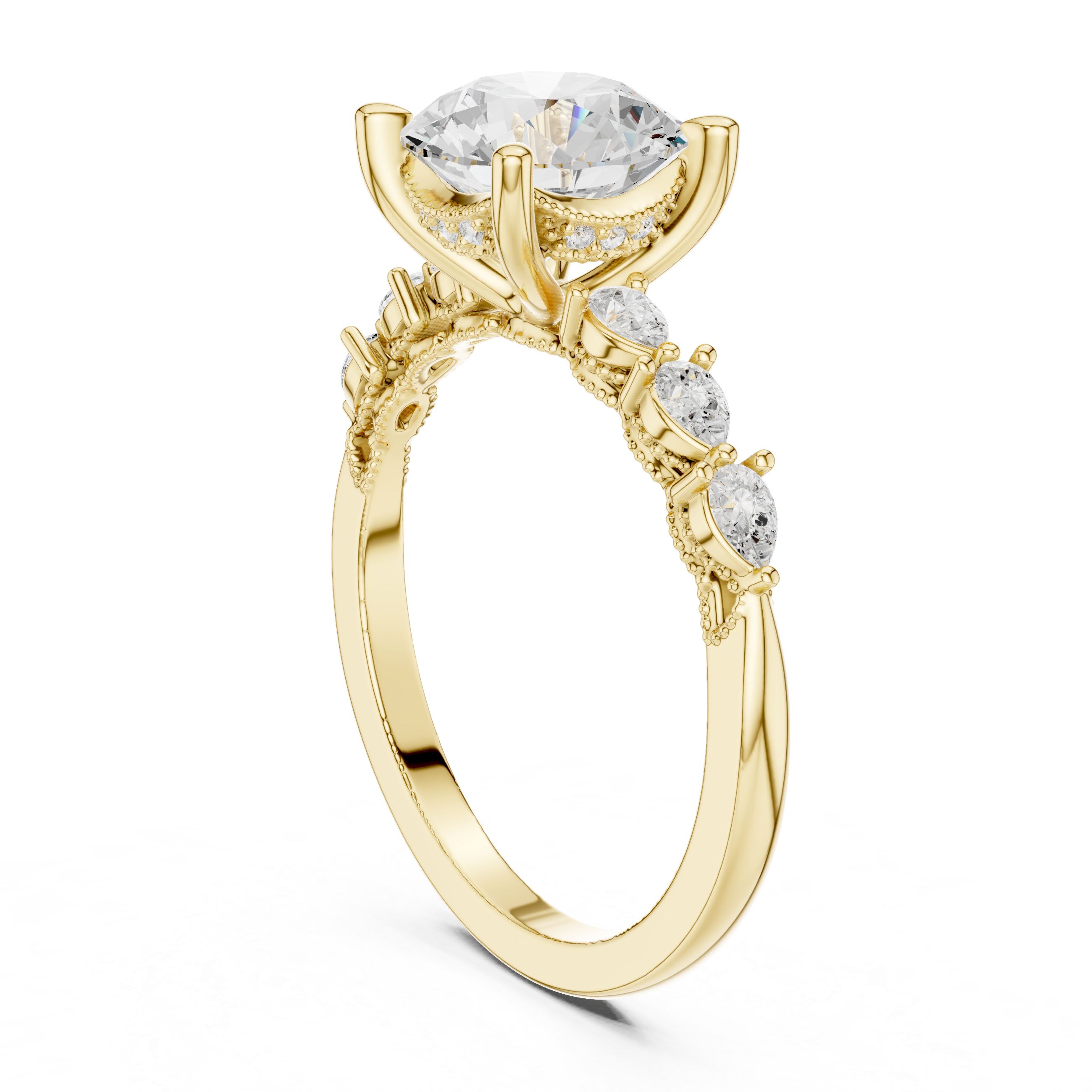 Vintage Round Brilliant Diamond Engagement Ring with Marquise Side Stones and Milgrain Accents