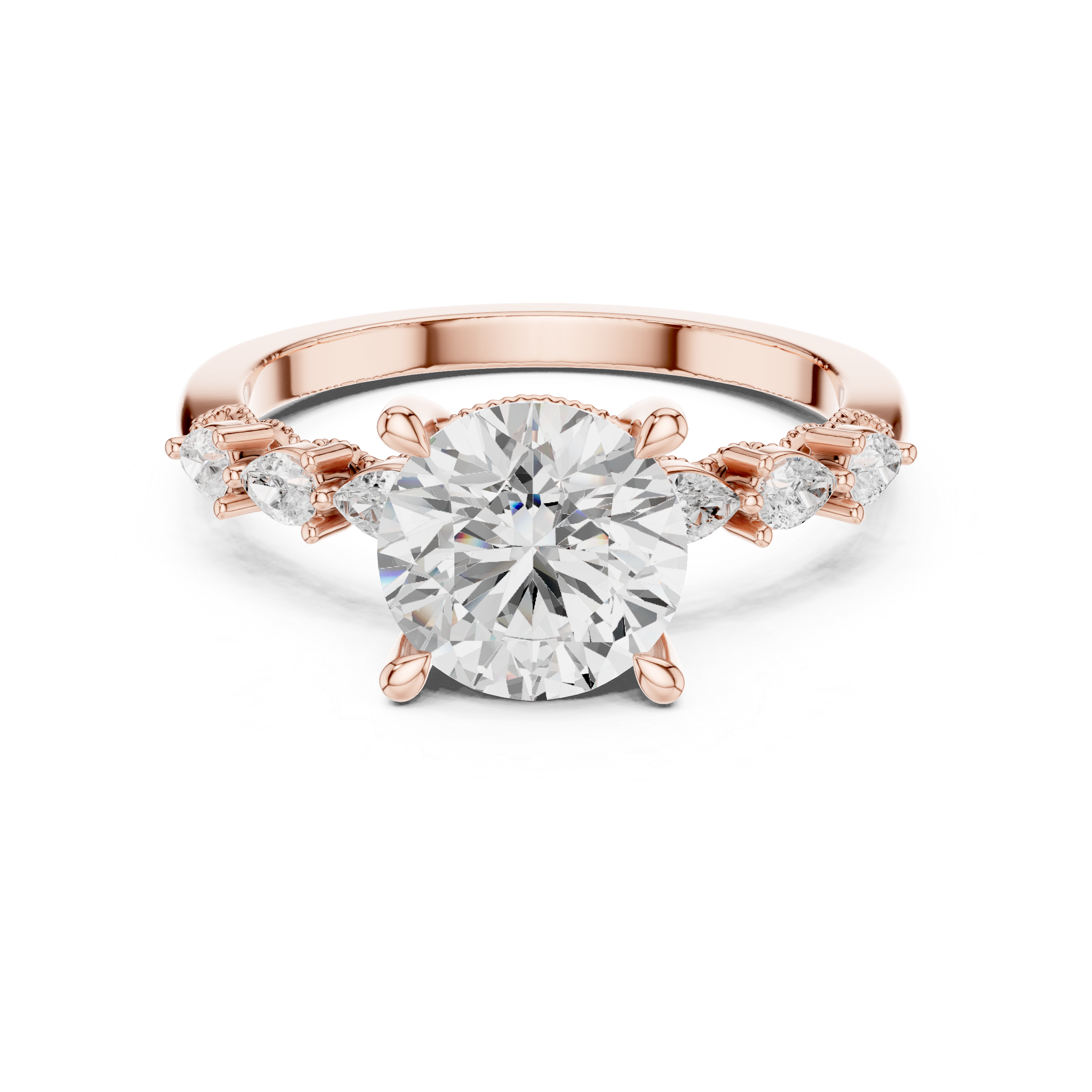 Vintage Round Brilliant Diamond Engagement Ring with Marquise Side Stones and Milgrain Accents