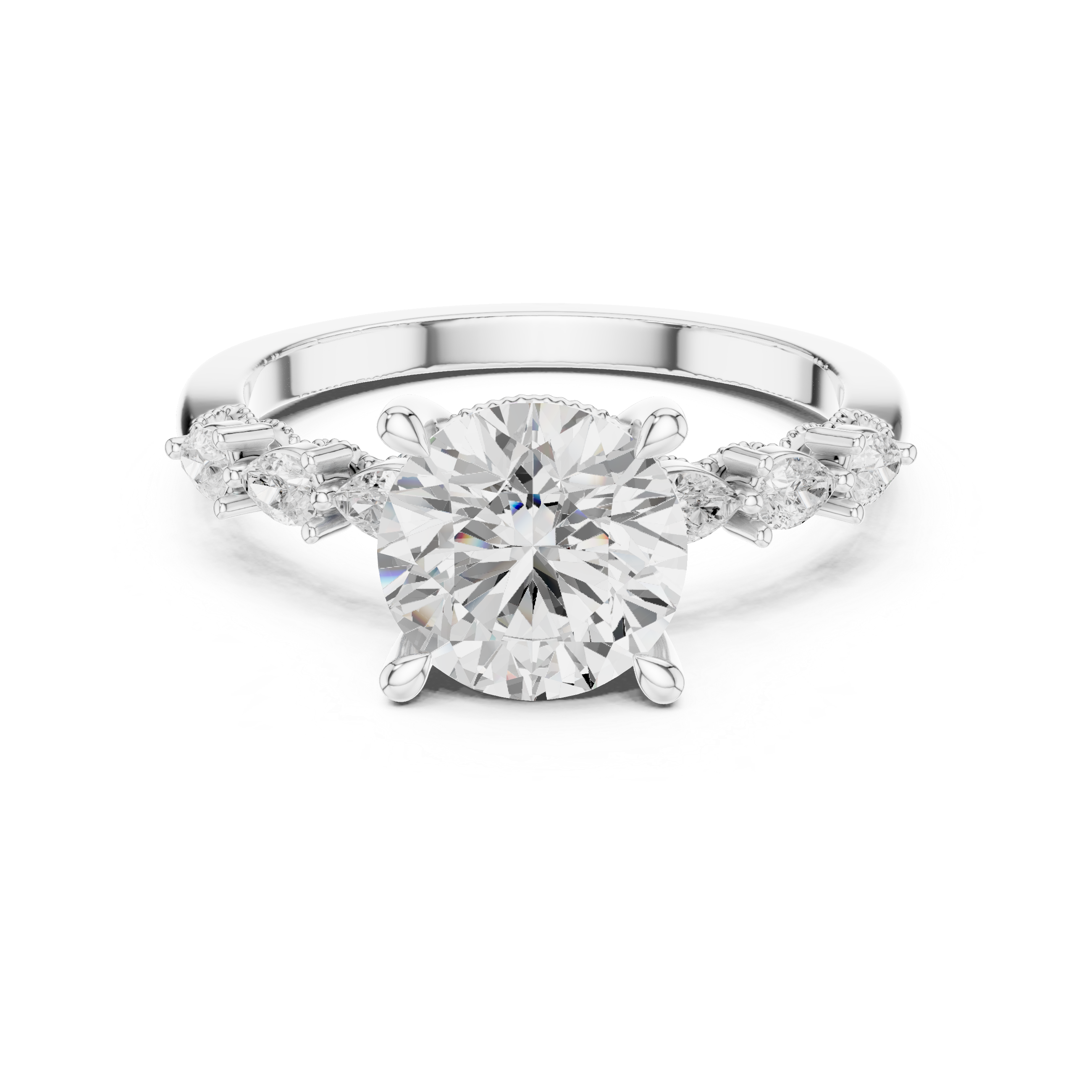 Vintage Round Brilliant Diamond Engagement Ring with Marquise Side Stones and Milgrain Accents