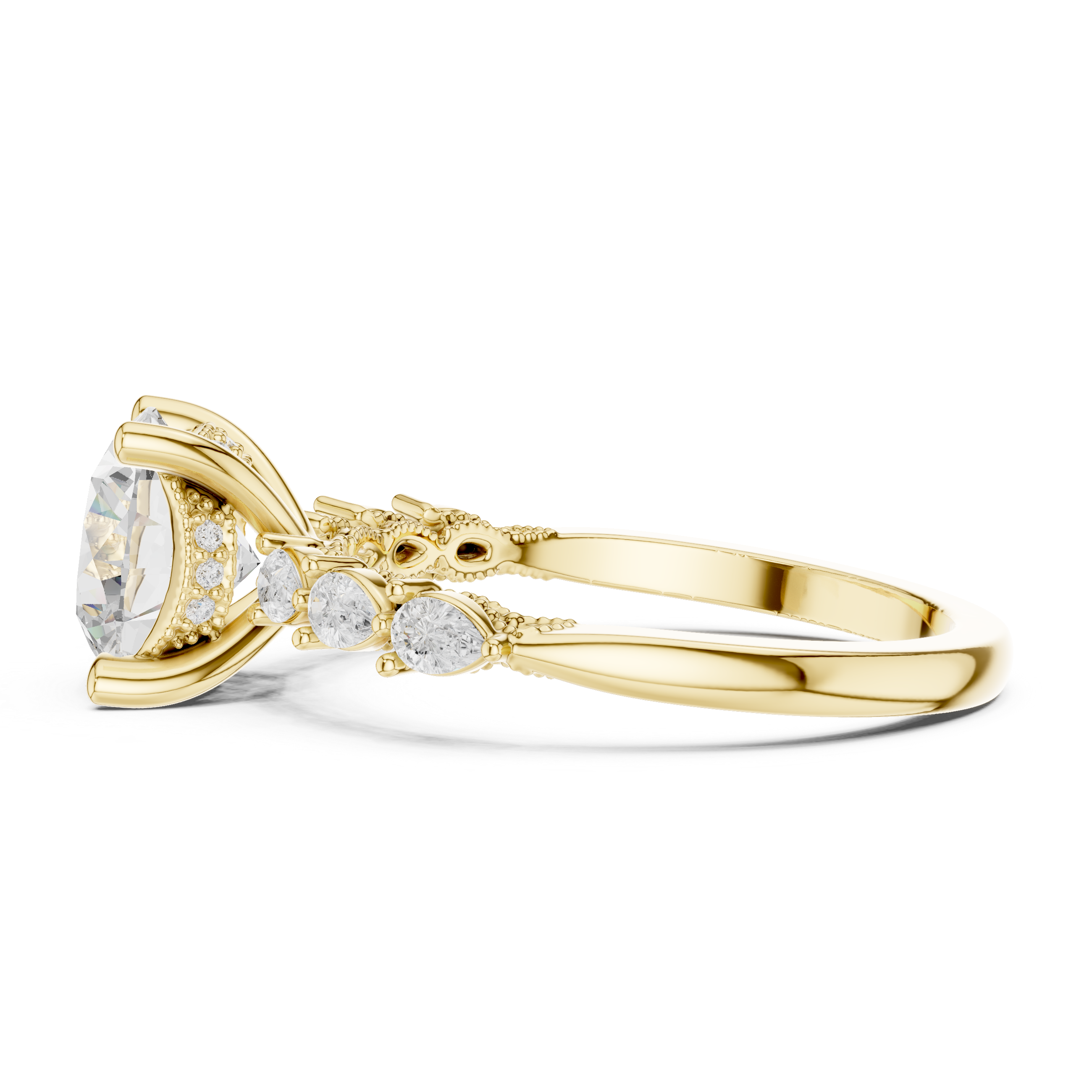 Vintage Round Brilliant Diamond Engagement Ring with Marquise Side Stones and Milgrain Accents