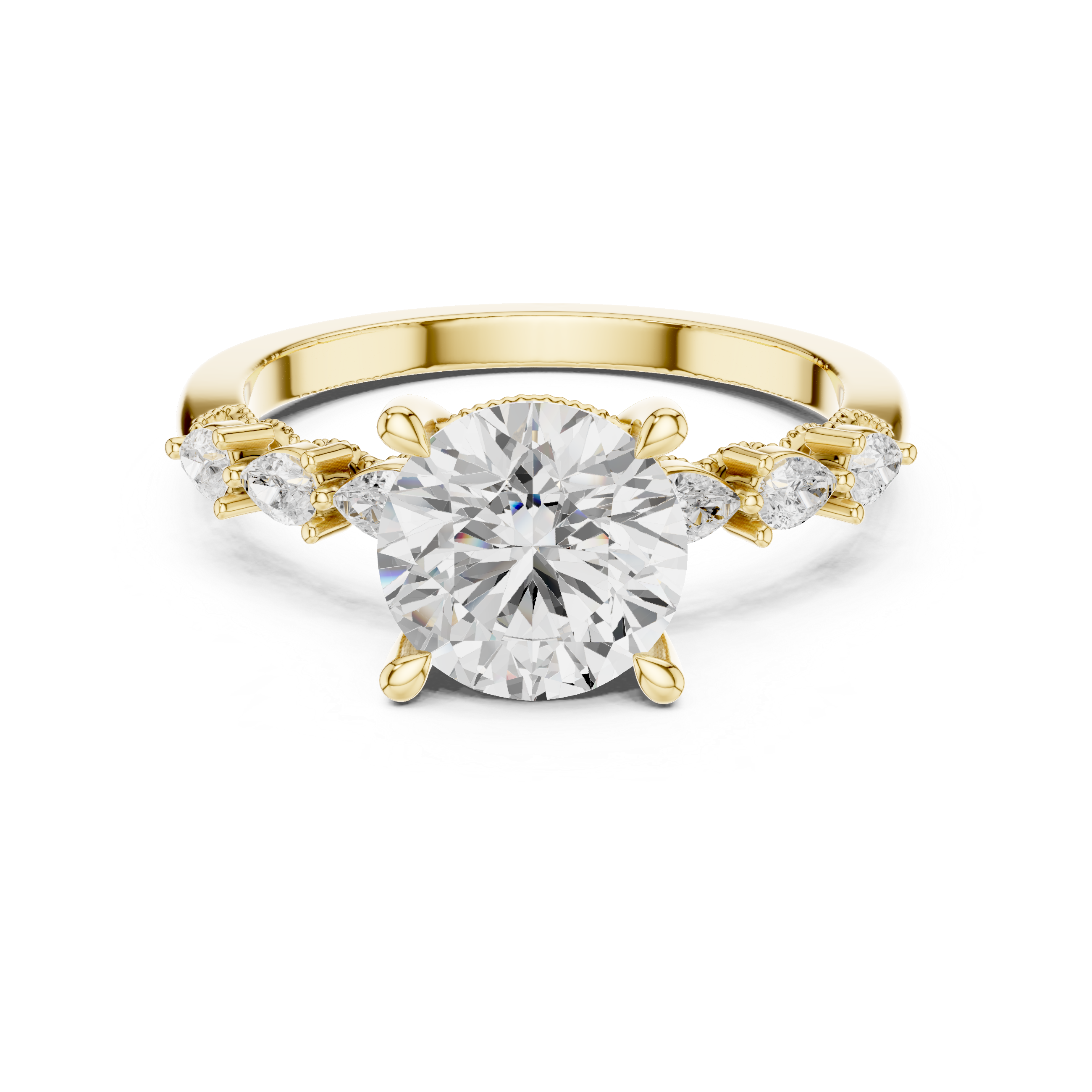 Vintage Round Brilliant Diamond Engagement Ring with Marquise Side Stones and Milgrain Accents